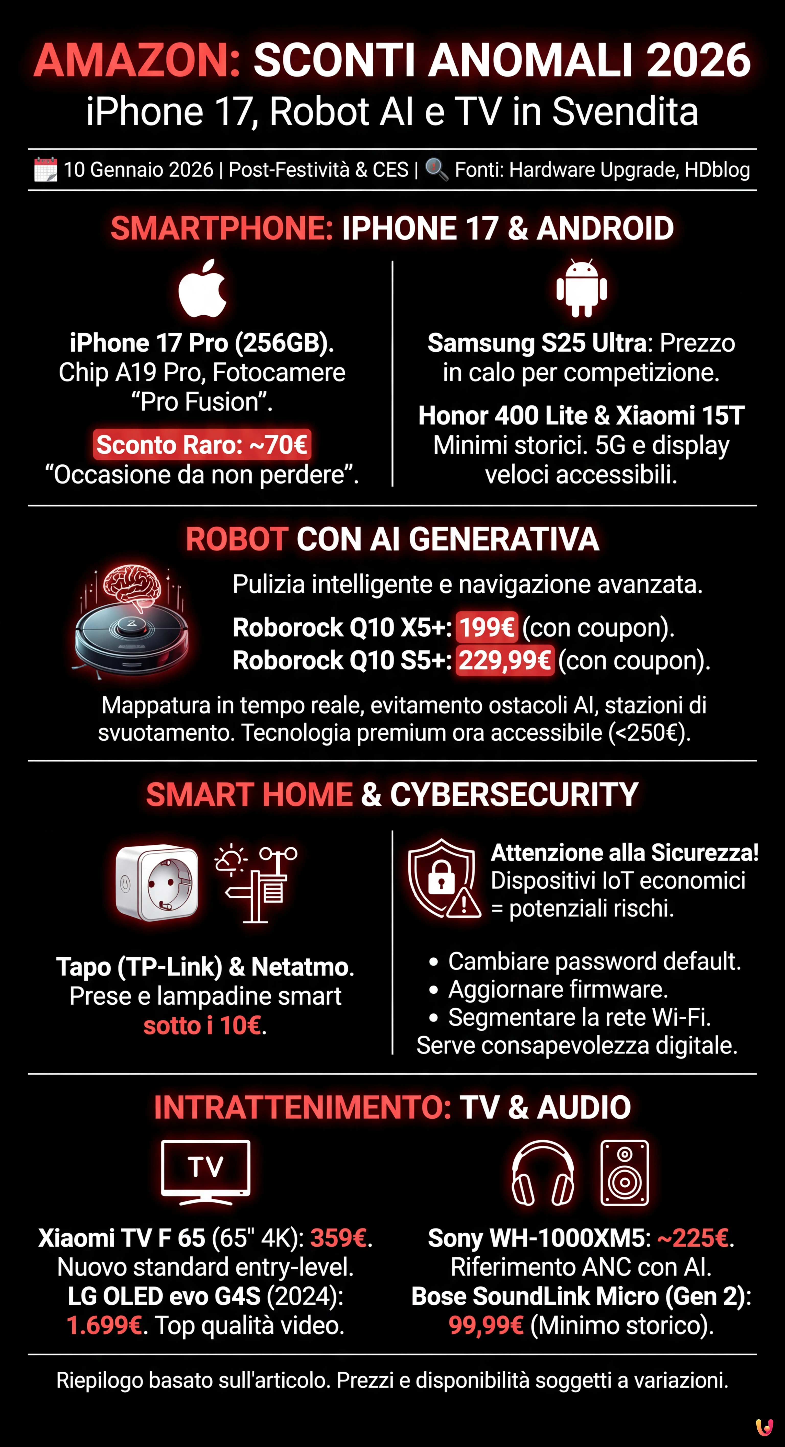 Amazon, sconti anomali 2026: iPhone 17, robot AI e TV in svendita - Infografica riassuntiva