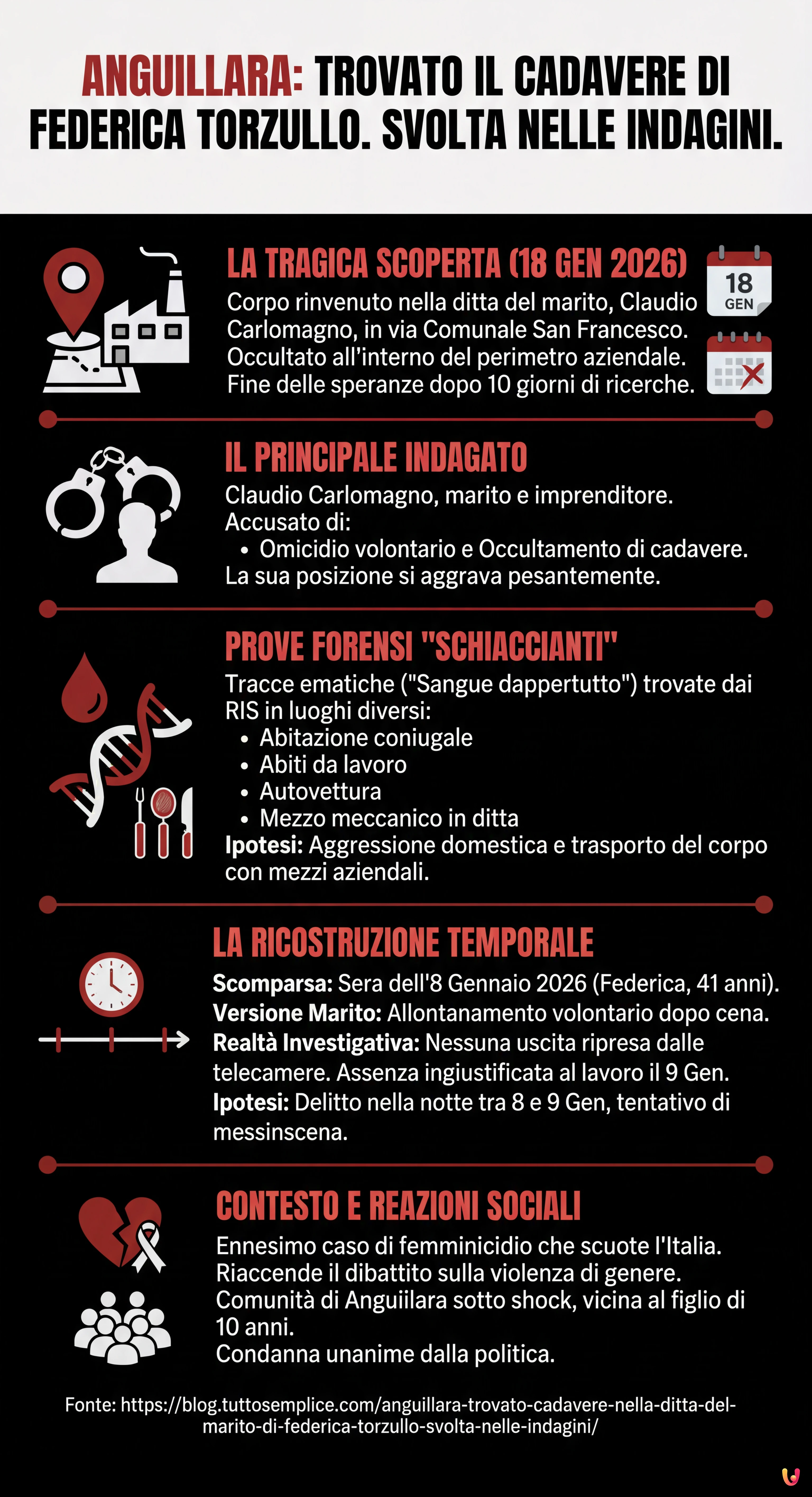 Anguillara, trovato cadavere nella ditta del marito di Federica Torzullo: svolta nelle indagini - Infografica riassuntiva