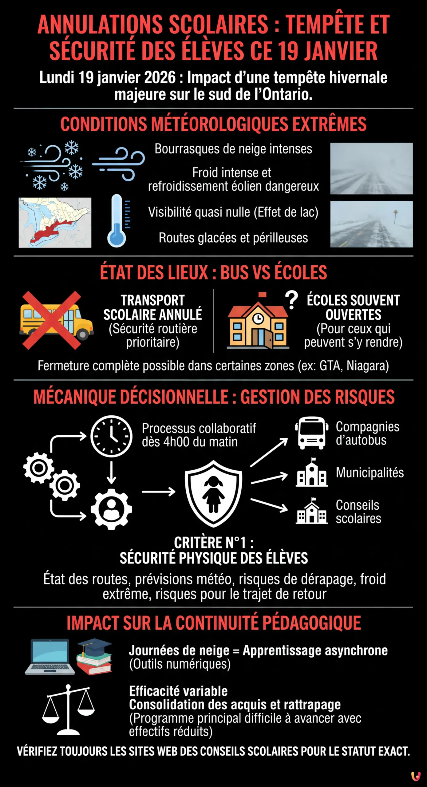 Annulations scolaires : Tempête et sécurité des élèves ce 19 janvier - Infographie résumant