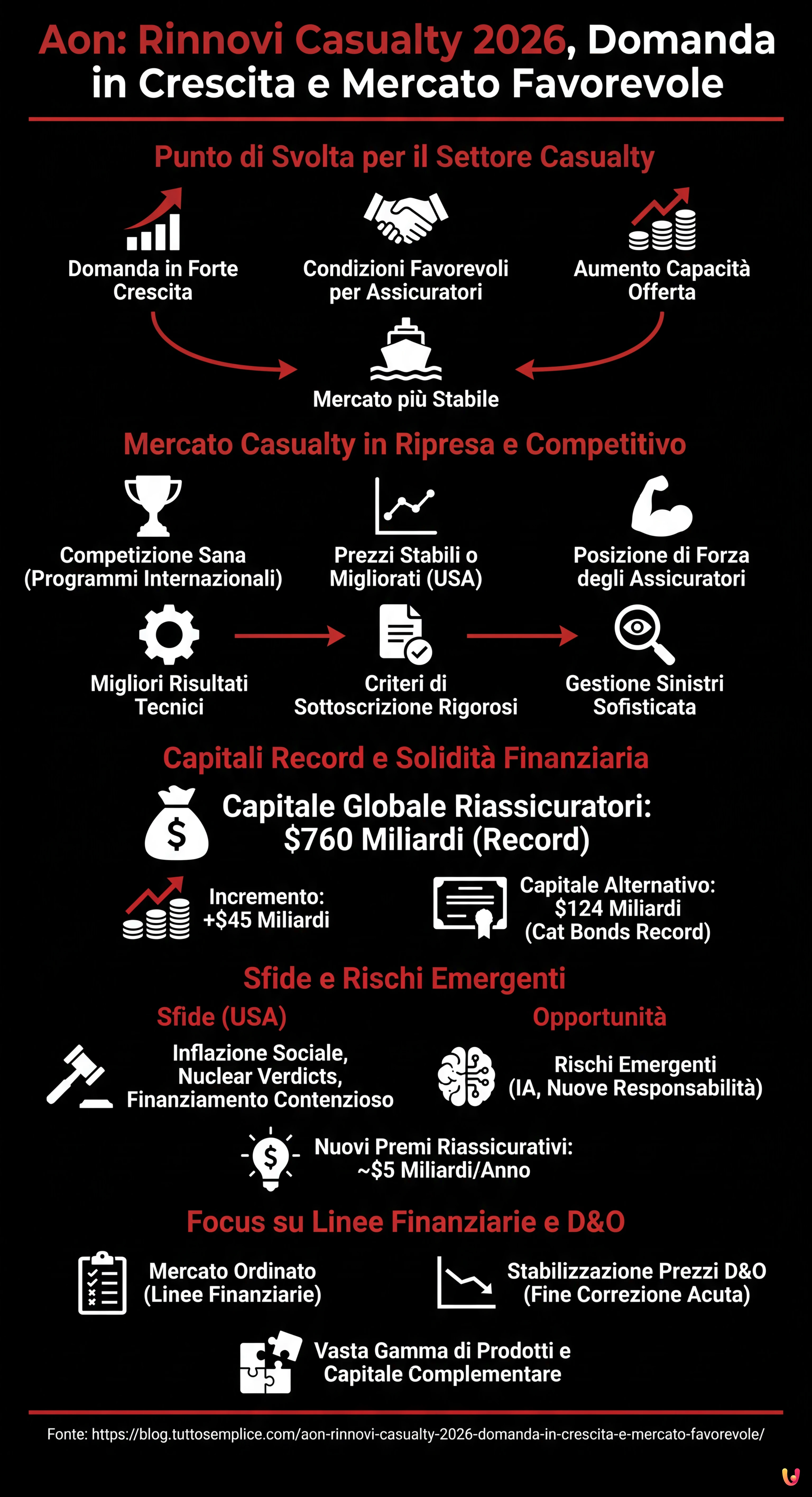 Aon: Rinnovi Casualty 2026, Domanda in Crescita e Mercato Favorevole - Infografica riassuntiva