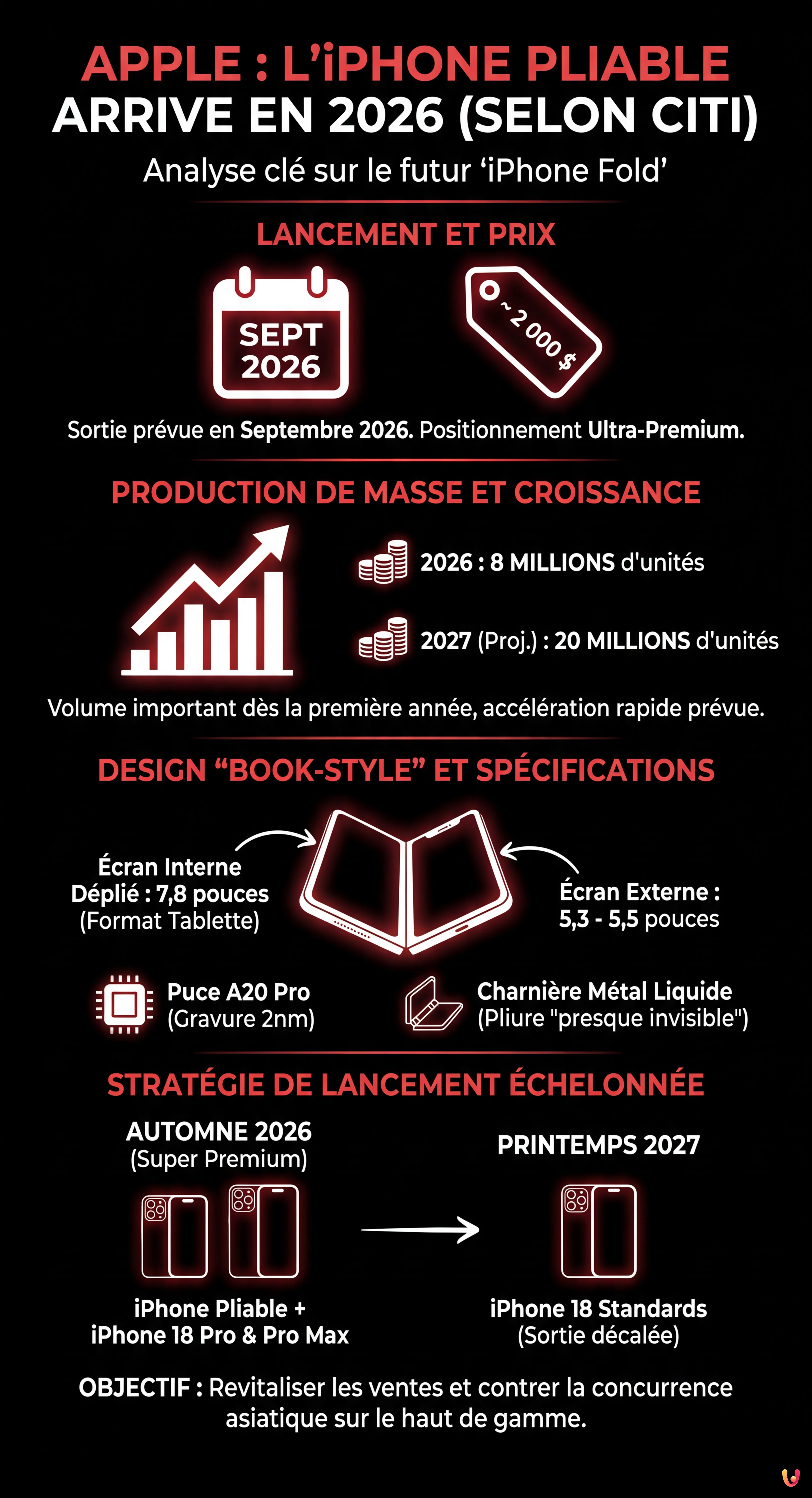 Apple : des millions d'iPhone pliables à 2 000 $ dès 2026 selon Citi - Infographie résumant