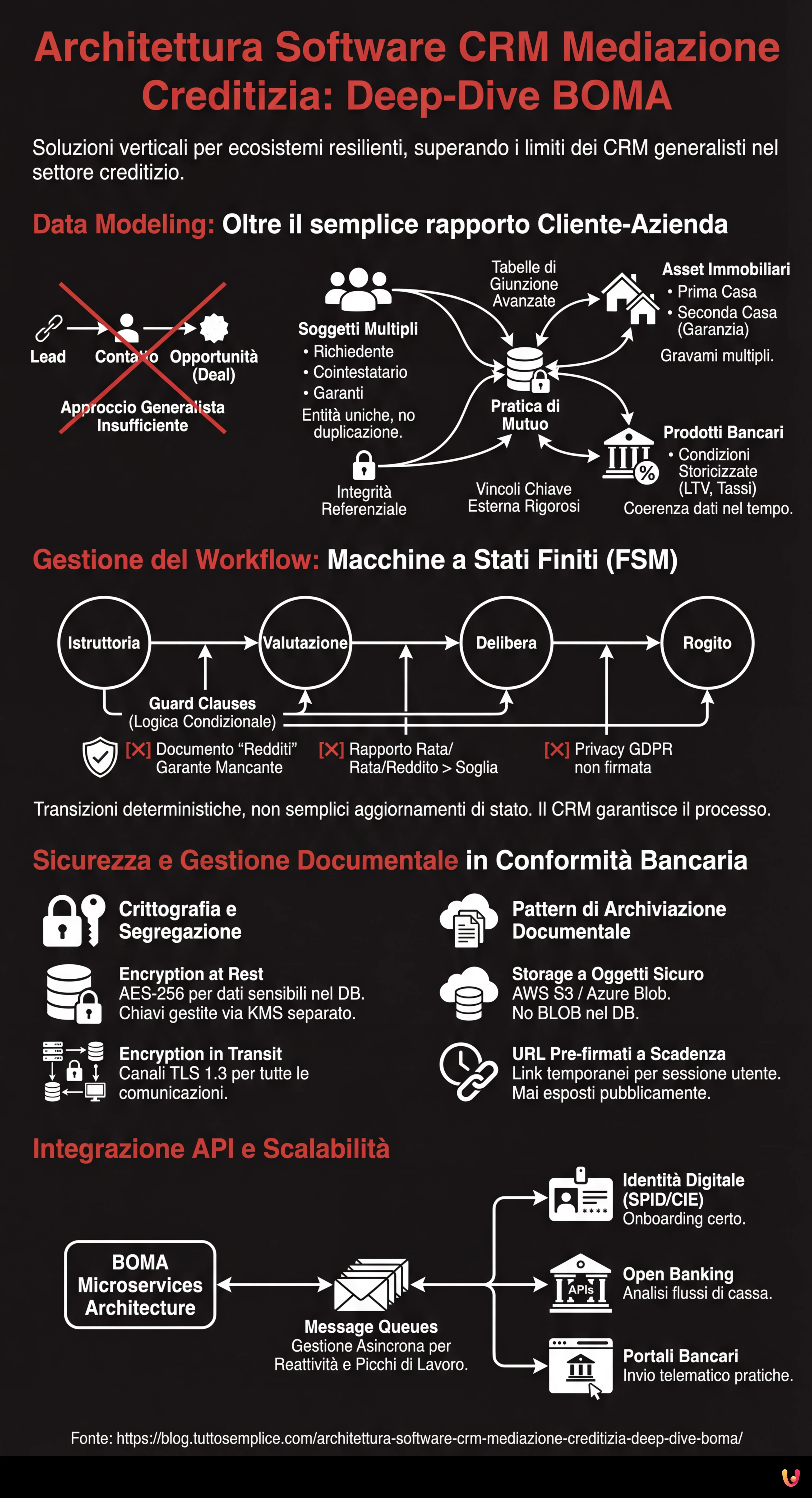 Architettura Software CRM Mediazione Creditizia: Deep-Dive BOMA - Infografica riassuntiva