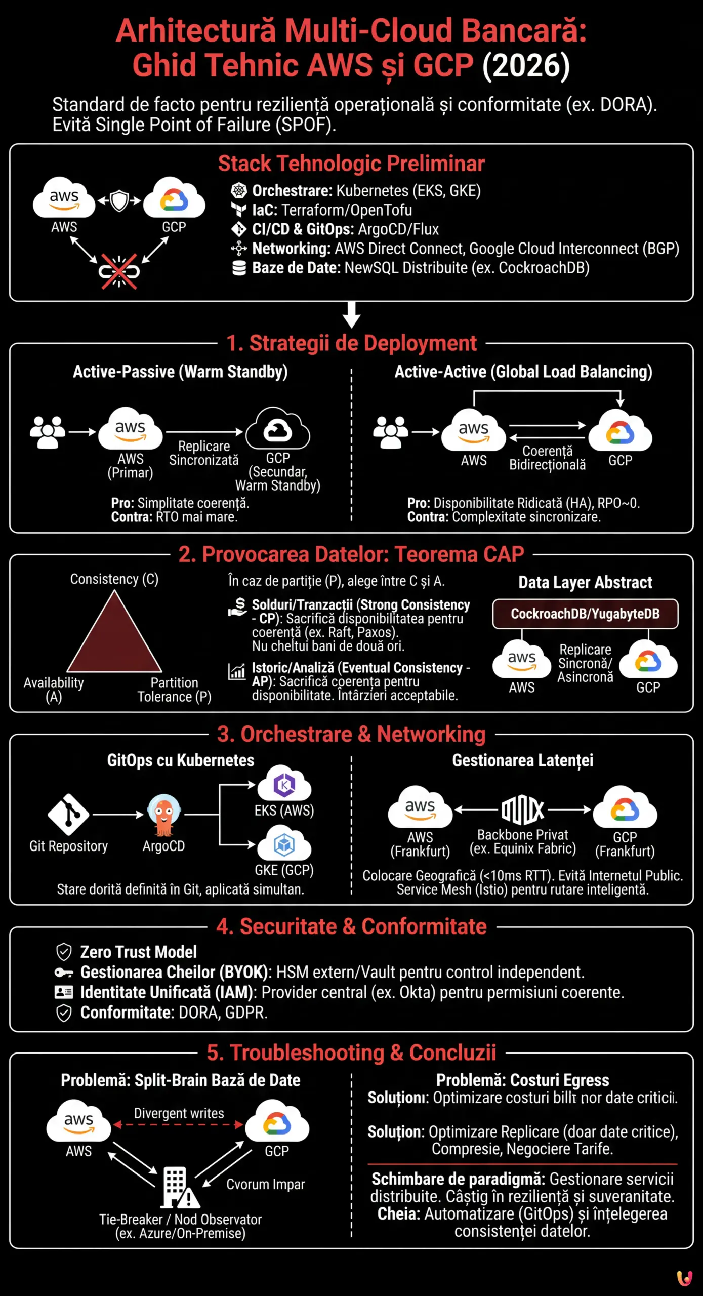 Arhitectură Multi-Cloud Bancară: Ghid Tehnic AWS și GCP (2026) - Infografic rezumativ