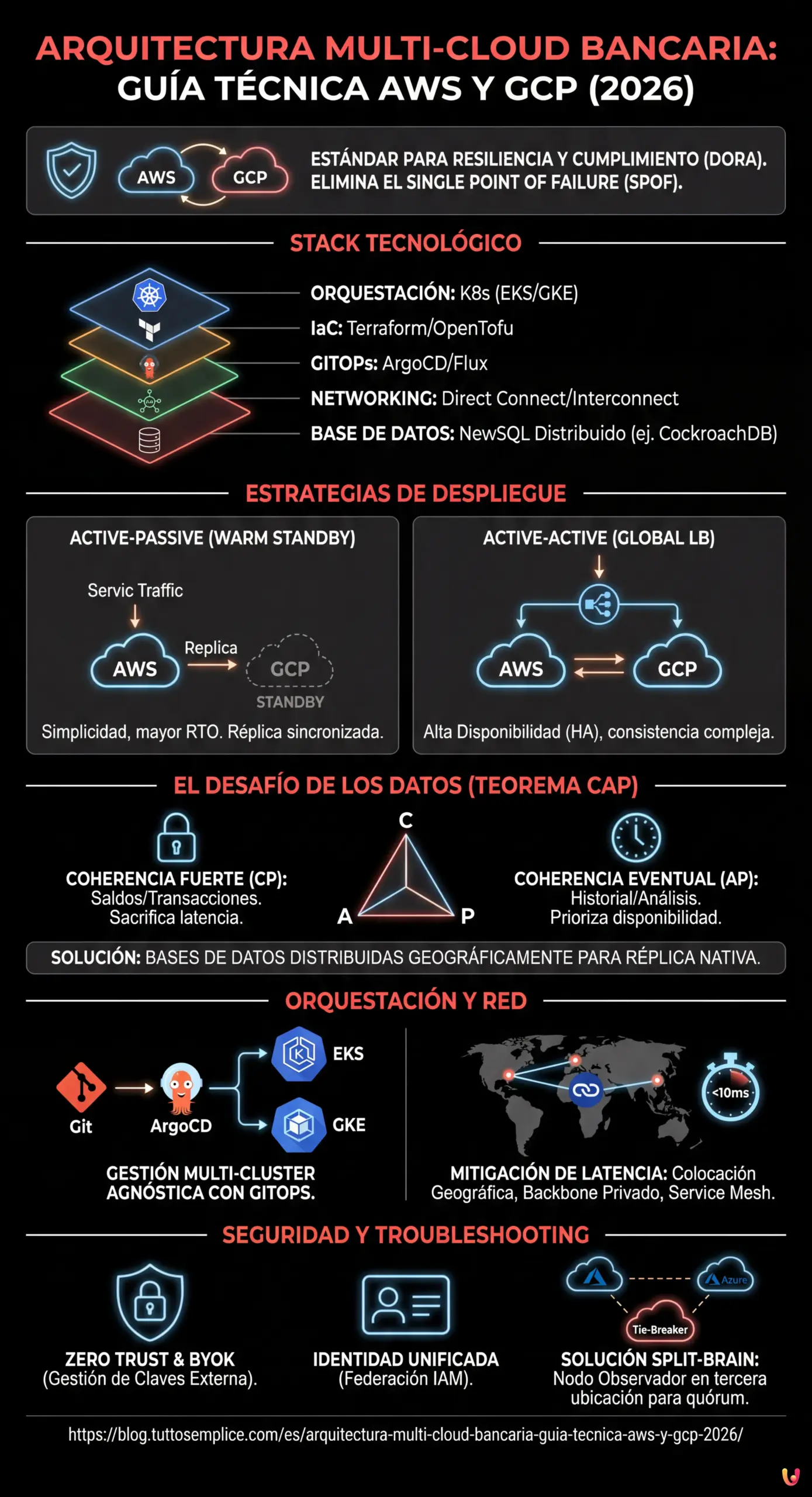 Arquitectura Multi-Cloud Bancaria: Gu&iacute;a T&eacute;cnica AWS y GCP (2026) - Infograf&iacute;a resumen