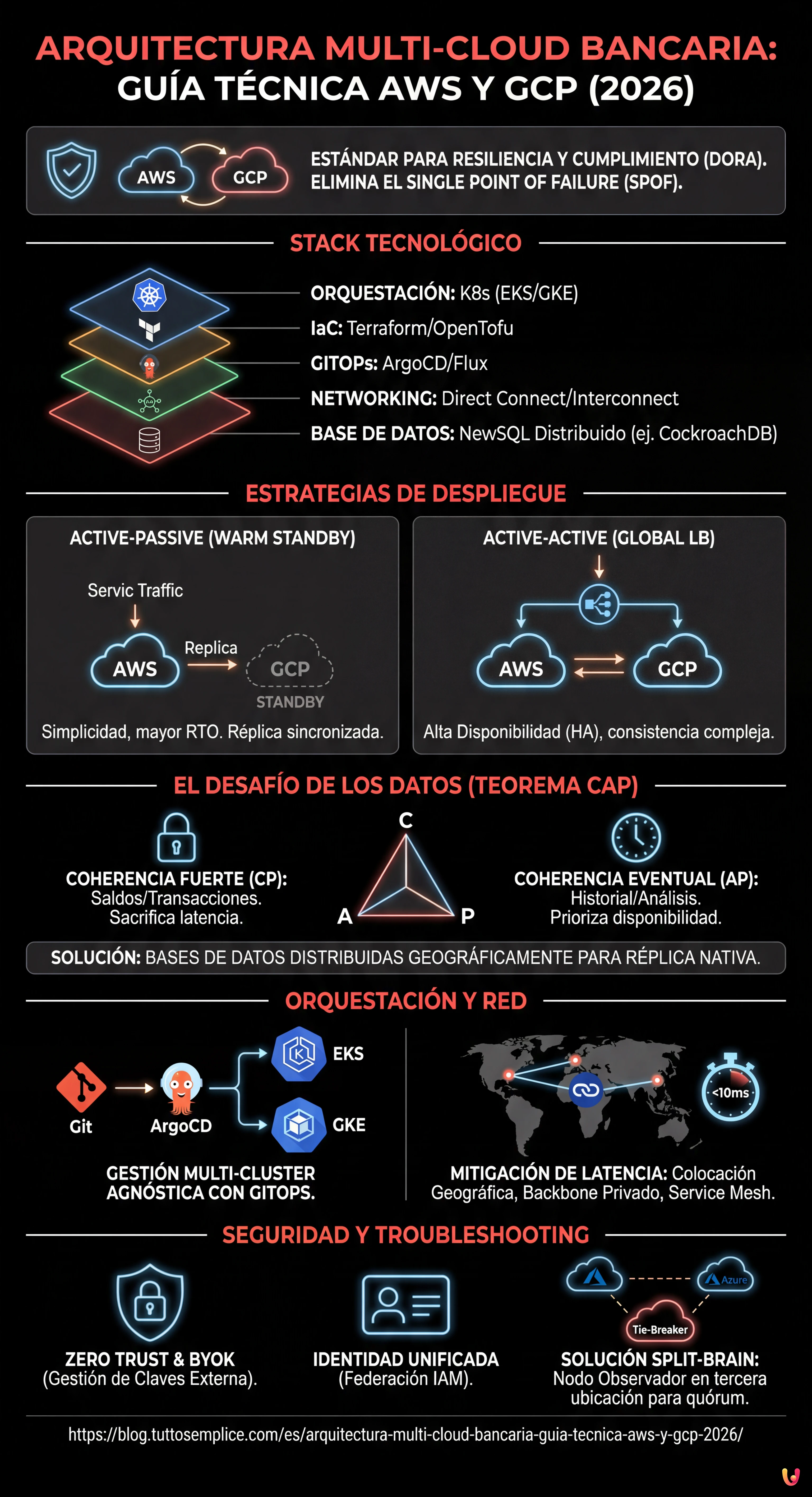 Arquitectura Multi-Cloud Bancaria: Gu&iacute;a T&eacute;cnica AWS y GCP (2026) - Infograf&iacute;a resumen