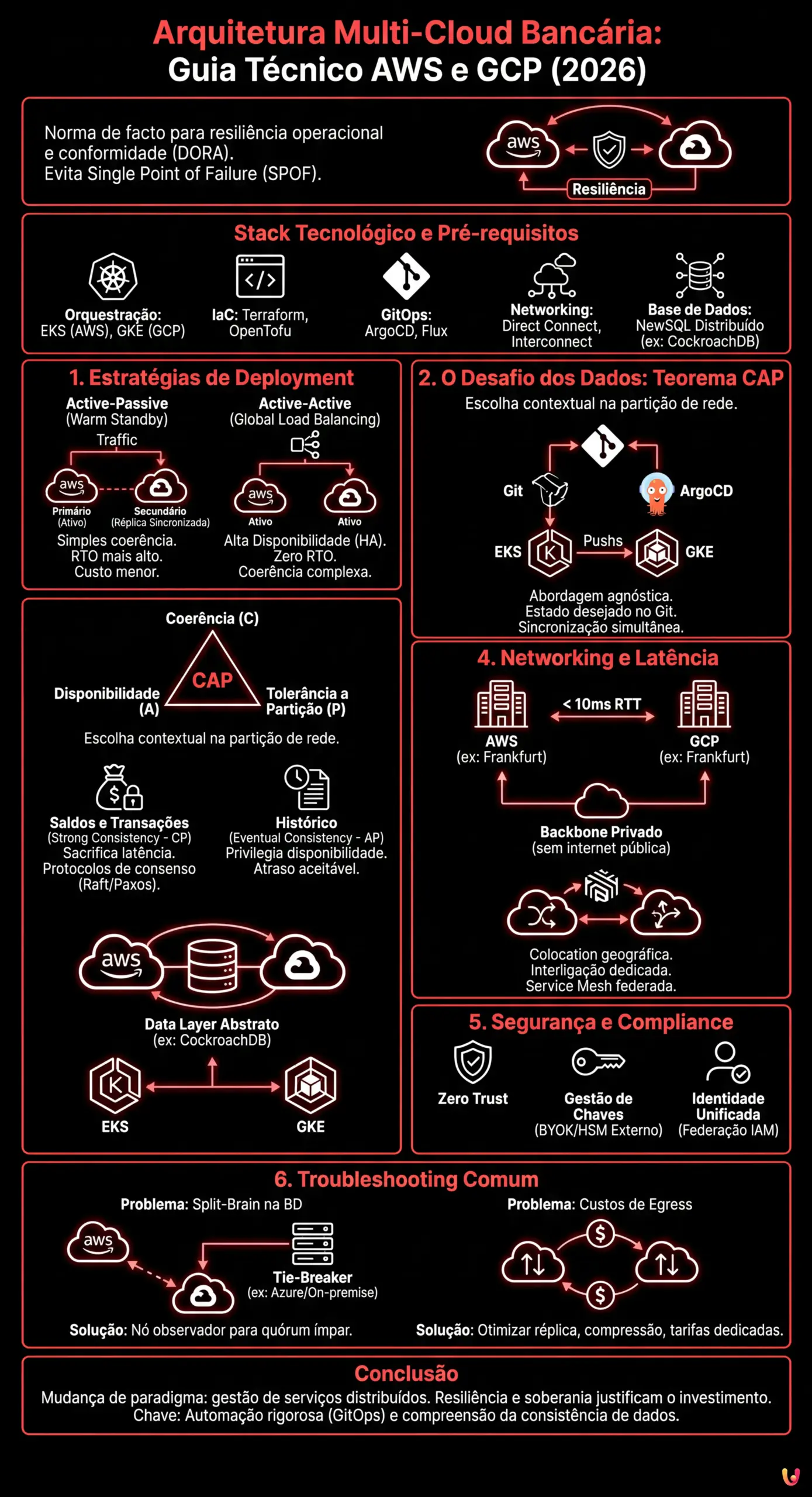 Arquitetura Multi-Cloud Banc&aacute;ria: Guia T&eacute;cnico AWS e GCP (2026) - Infogr&aacute;fico resumido