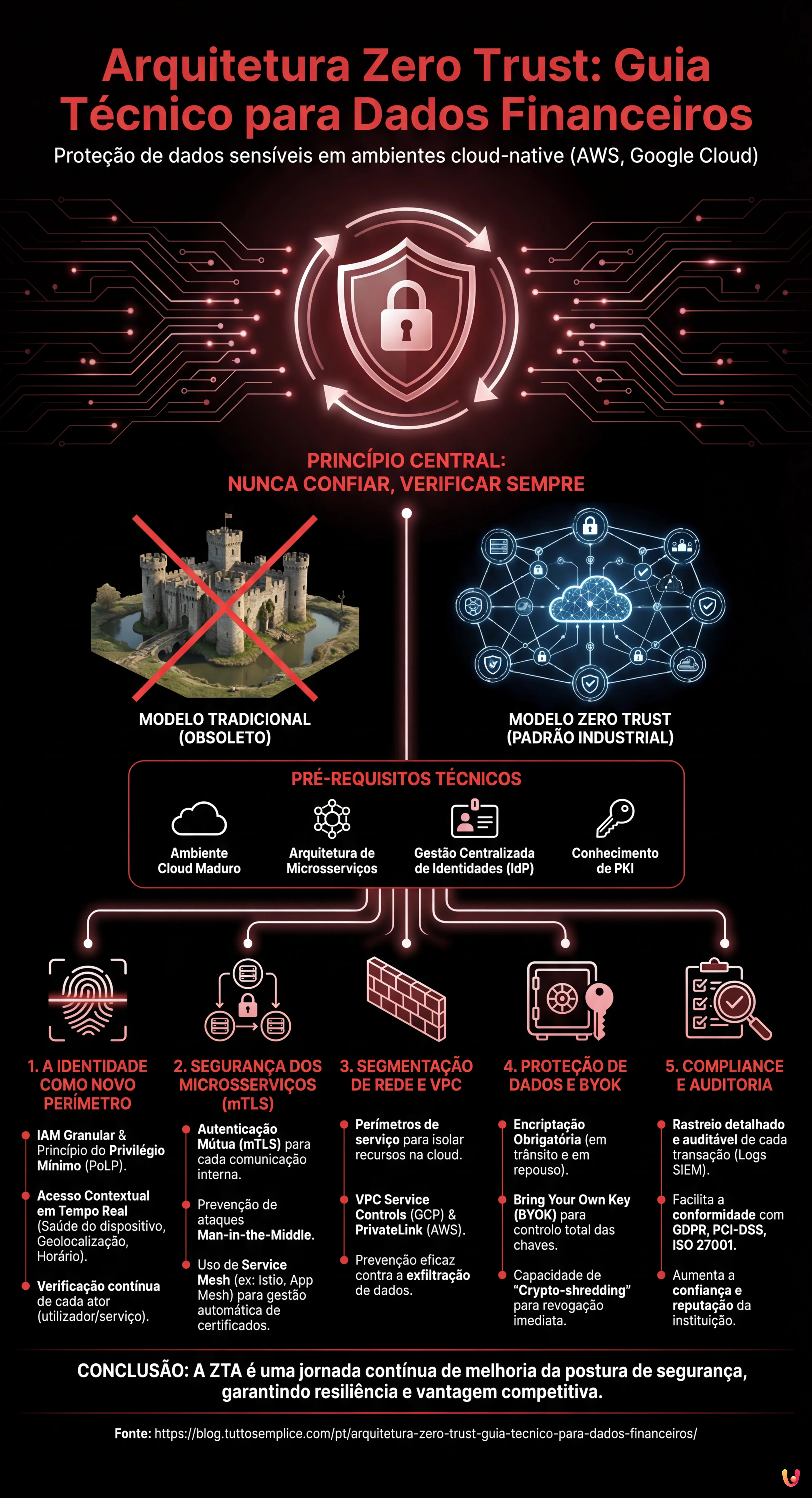 Arquitetura Zero Trust: Guia T&eacute;cnico para Dados Financeiros - Infogr&aacute;fico resumido