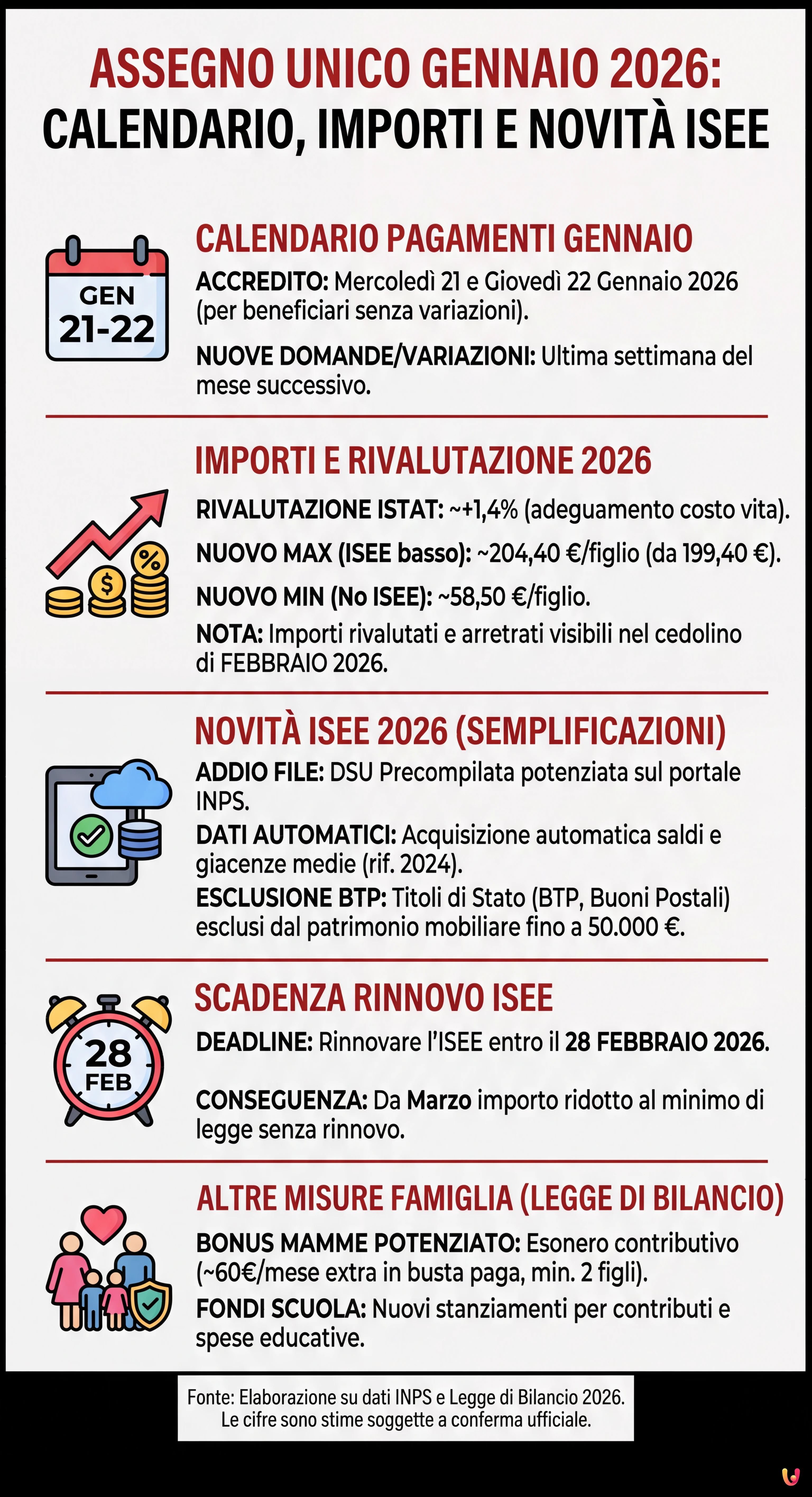Assegno Unico Gennaio 2026: Calendario Pagamenti, Importi e Novità ISEE - Infografica riassuntiva
