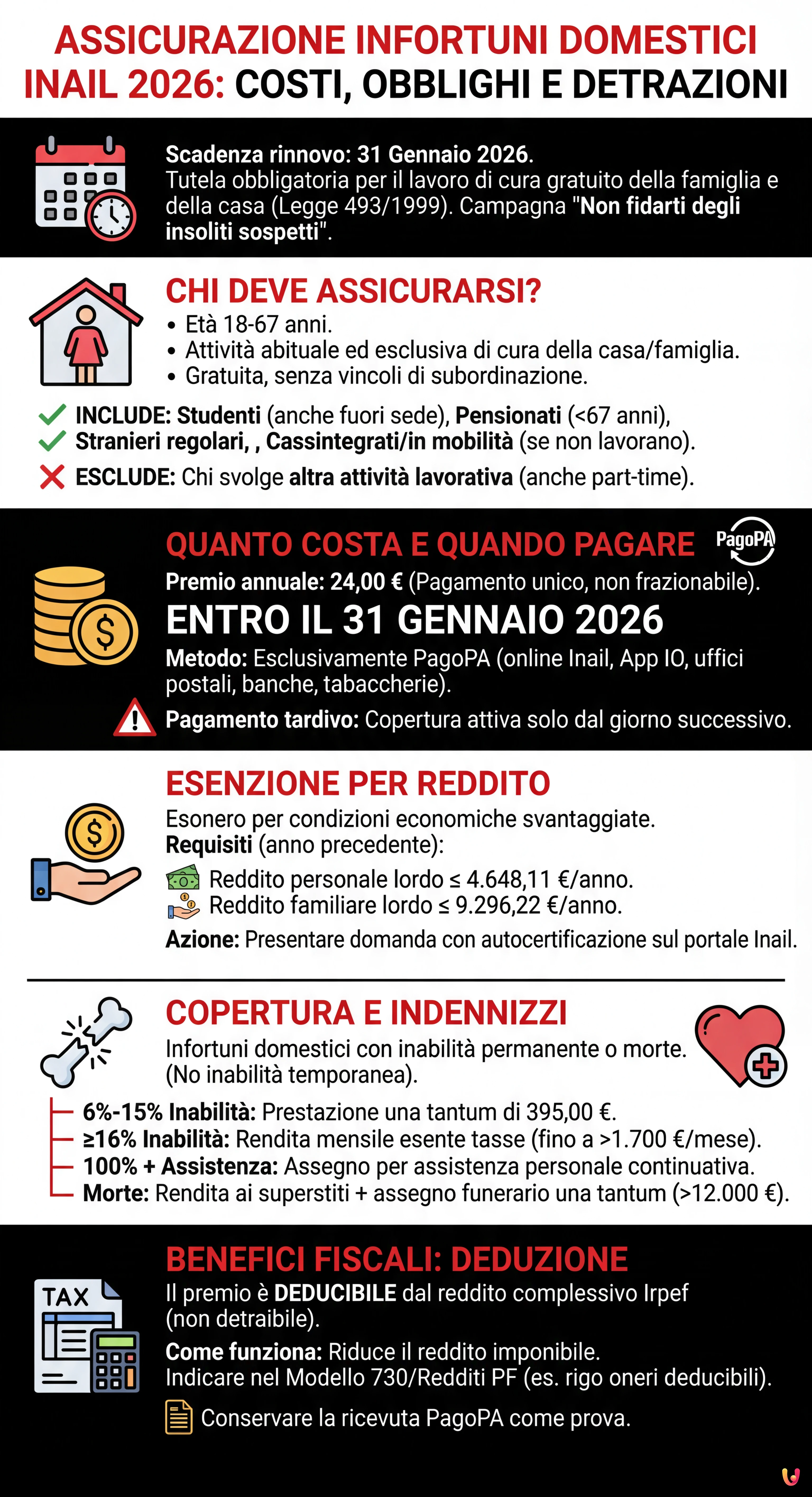 Assicurazione infortuni domestici Inail 2026: costi, obblighi e detrazioni - Infografica riassuntiva