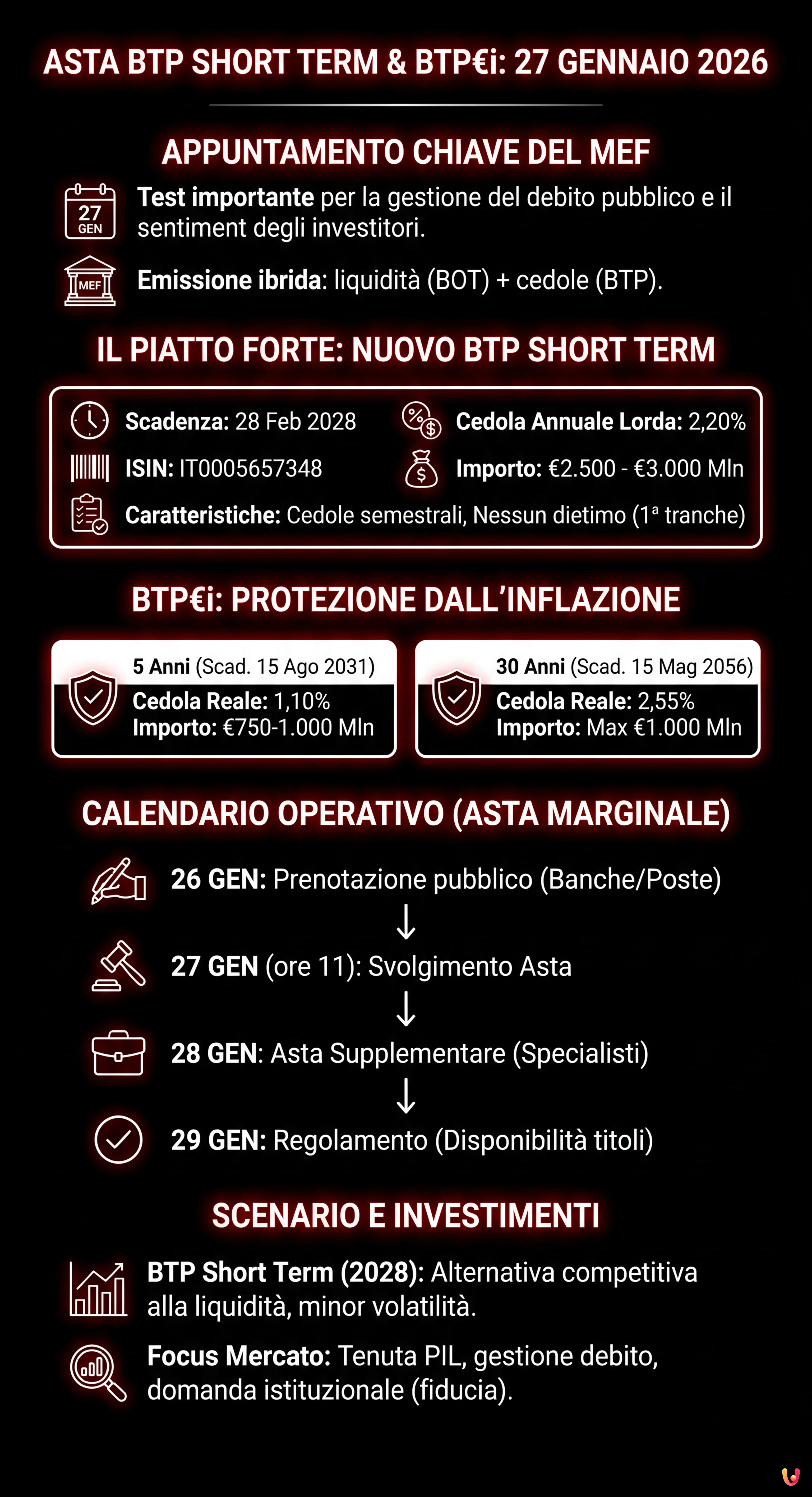 Asta BTP Short Term 27 gennaio 2026: caratteristiche e rendimenti - Infografica riassuntiva