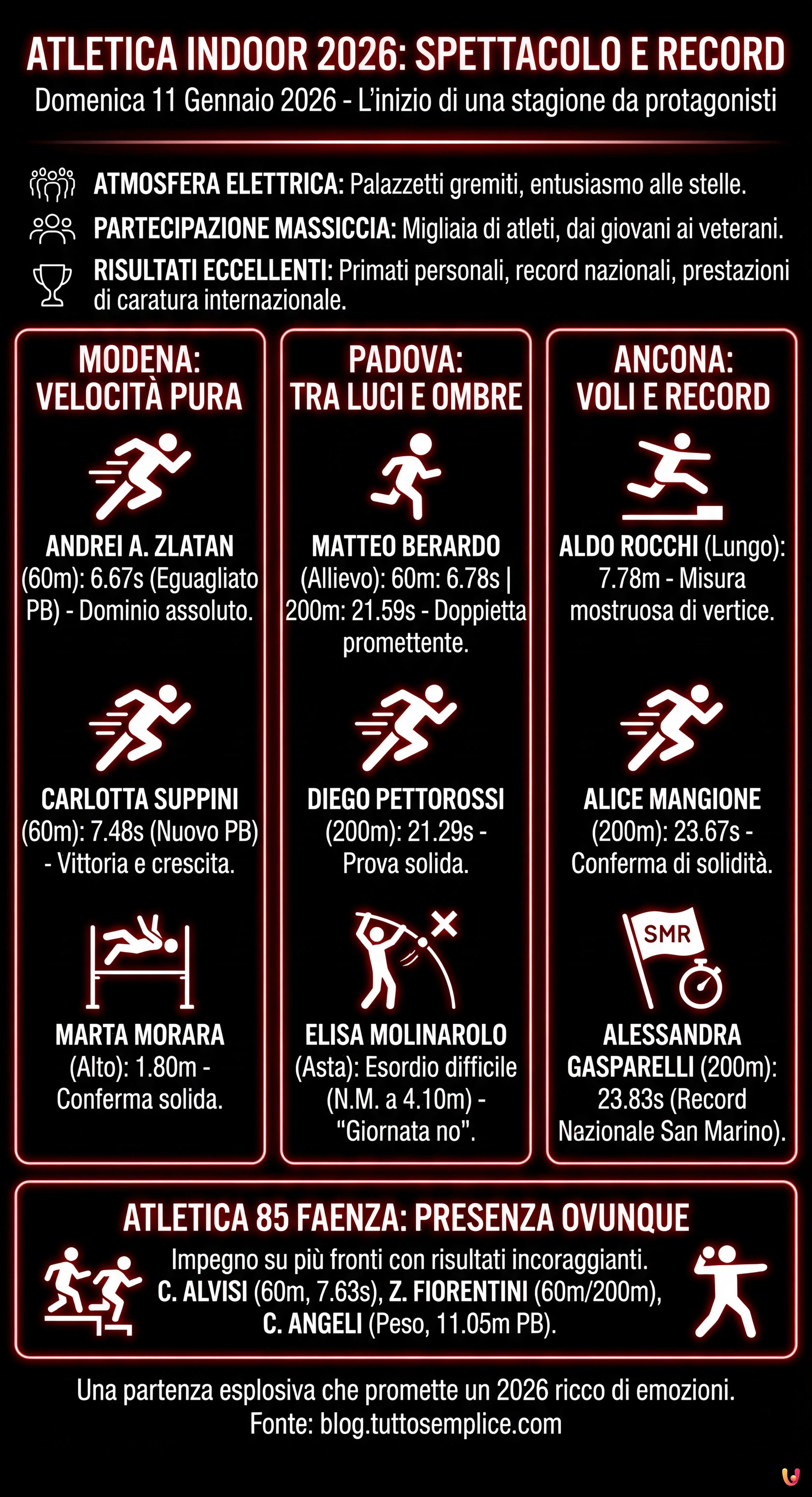 Atletica Indoor 2026: Spettacolo e Record tra Modena, Padova e Ancona - Infografica riassuntiva