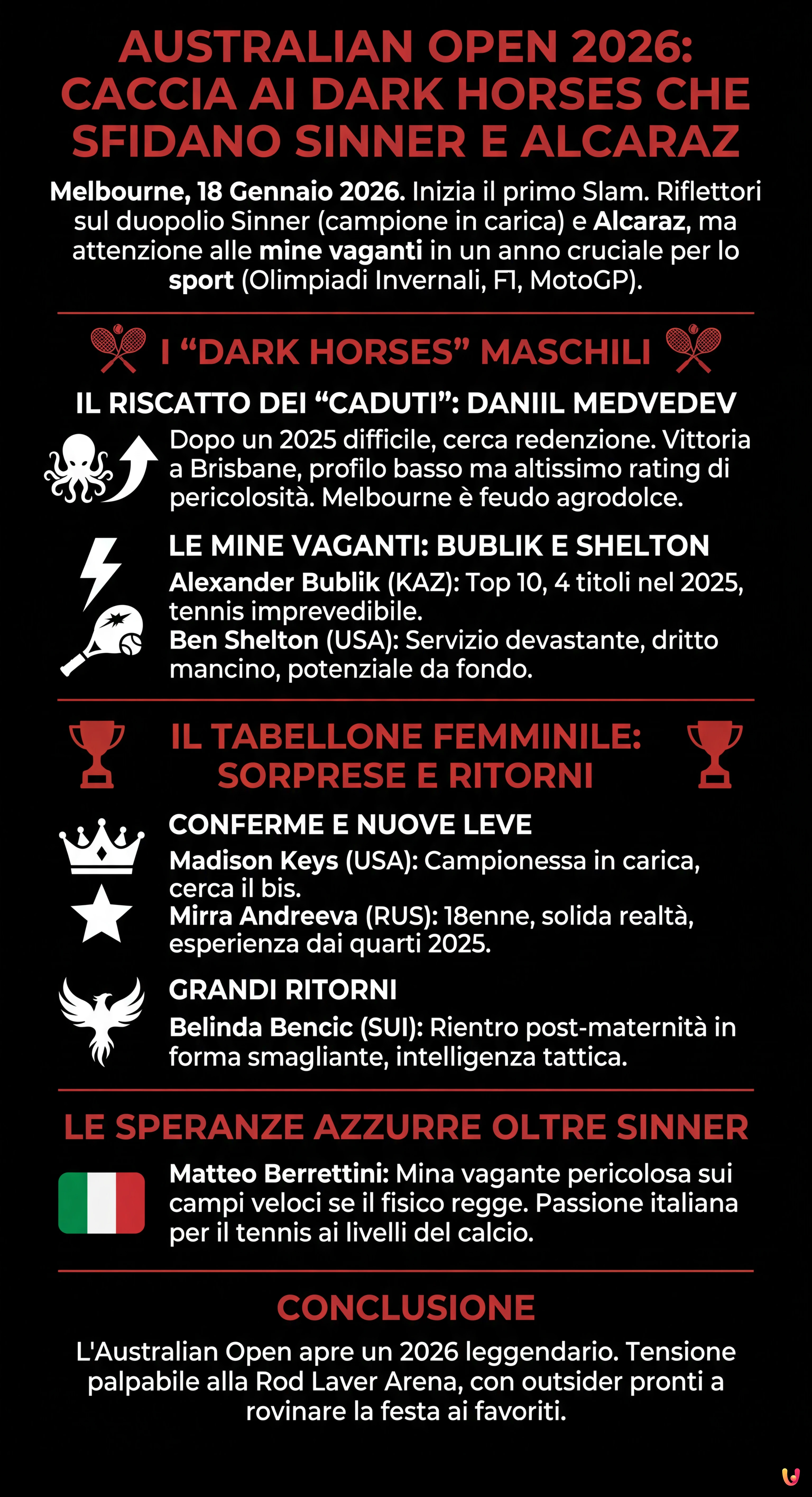 Australian Open 2026: Caccia ai Dark Horses che sfidano Sinner e Alcaraz - Infografica riassuntiva