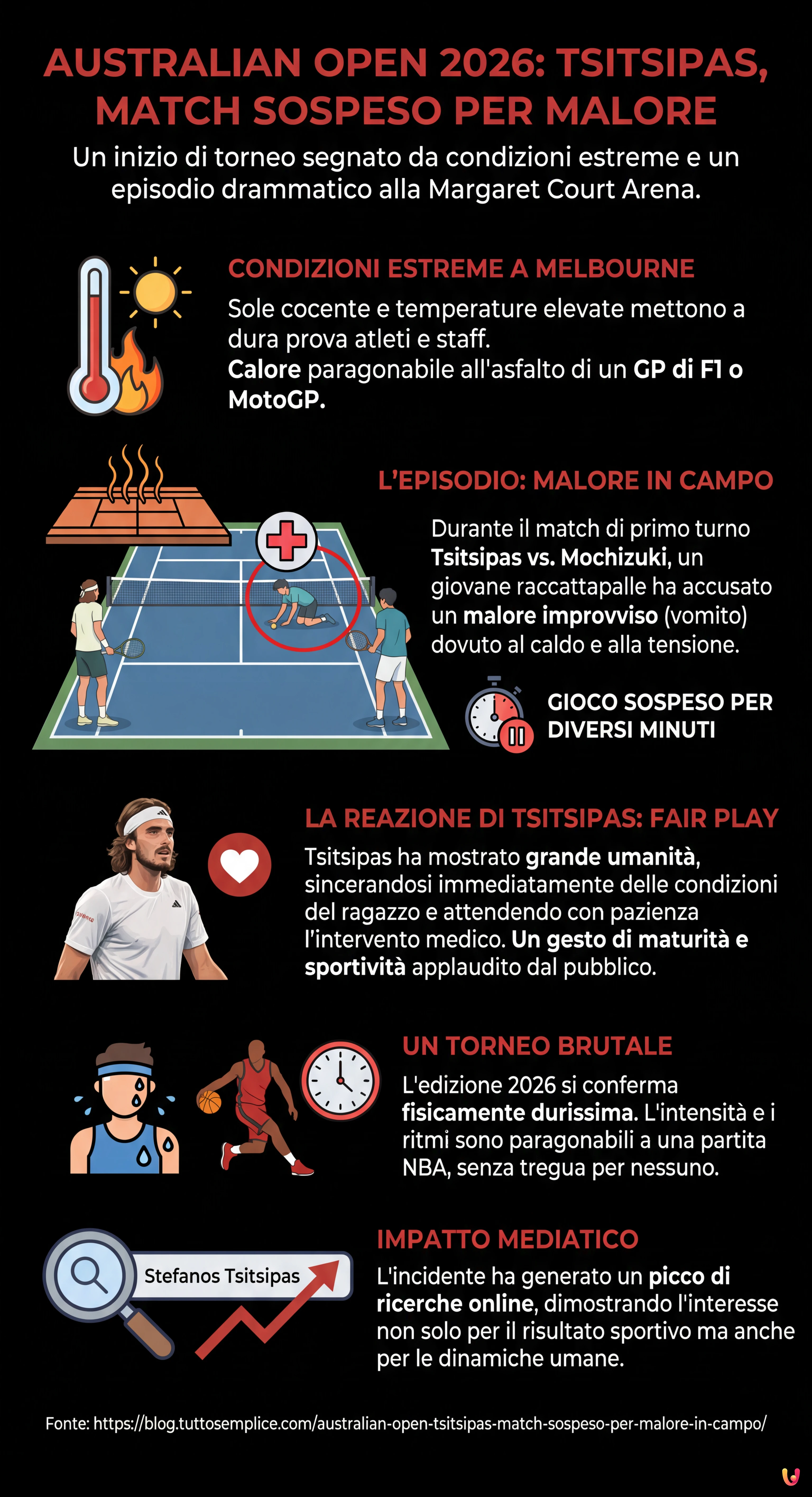 Australian Open: Tsitsipas, match sospeso per malore in campo - Infografica riassuntiva