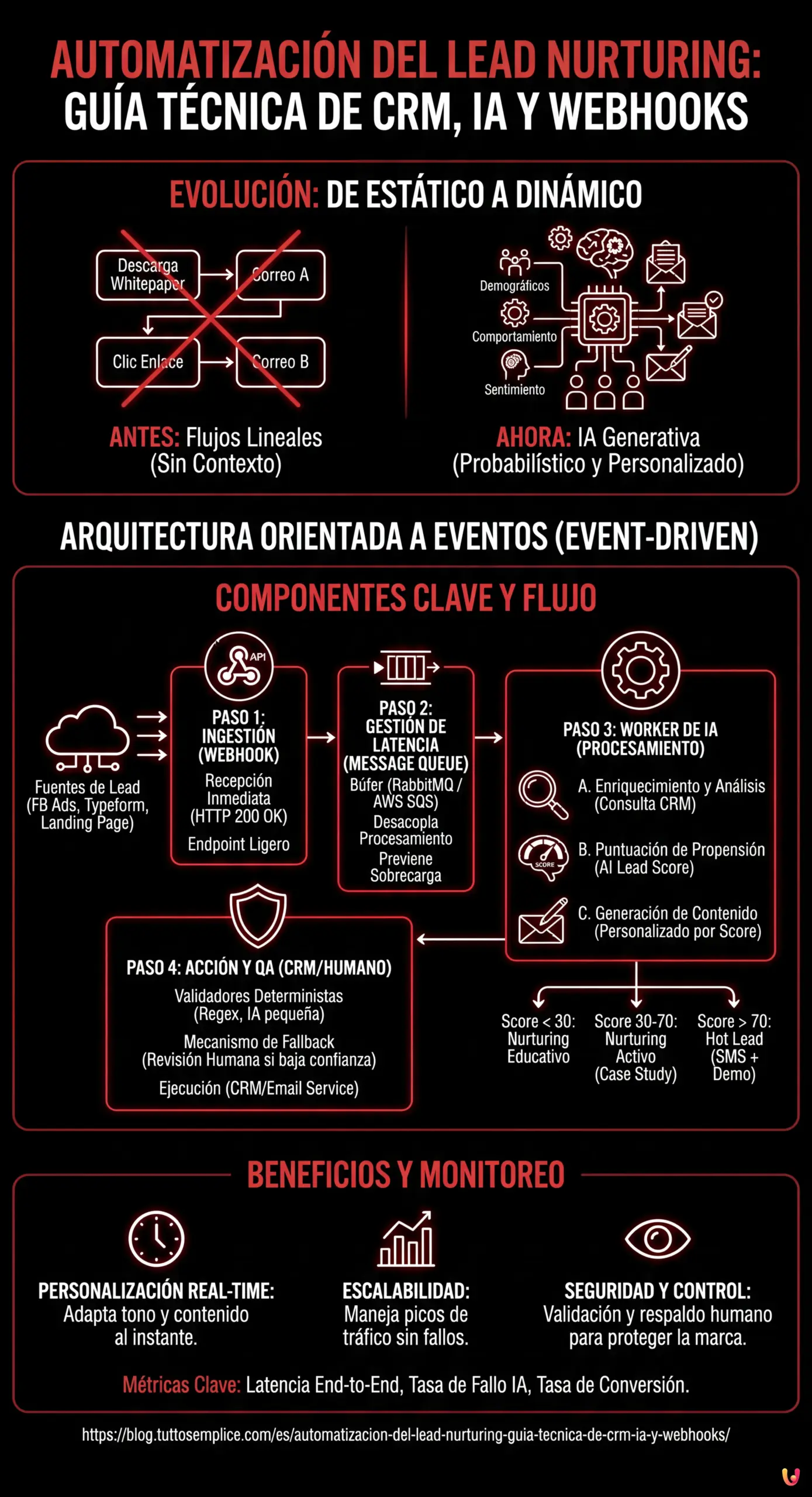 Automatización del Lead Nurturing: Guía Técnica de CRM, IA y Webhooks - Infografía resumen