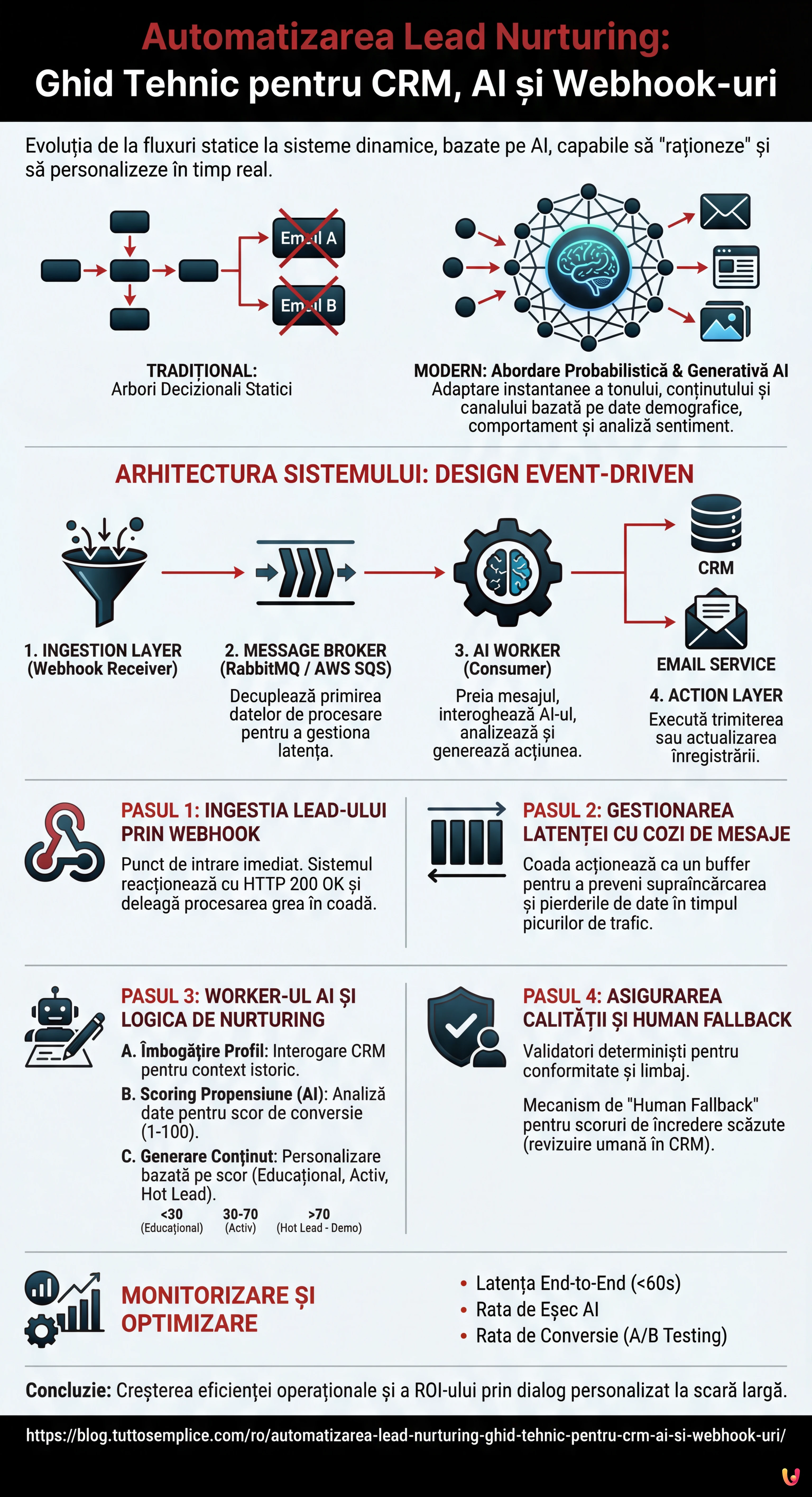 Automatizarea Lead Nurturing: Ghid Tehnic pentru CRM, AI și Webhook-uri - Infografic rezumativ