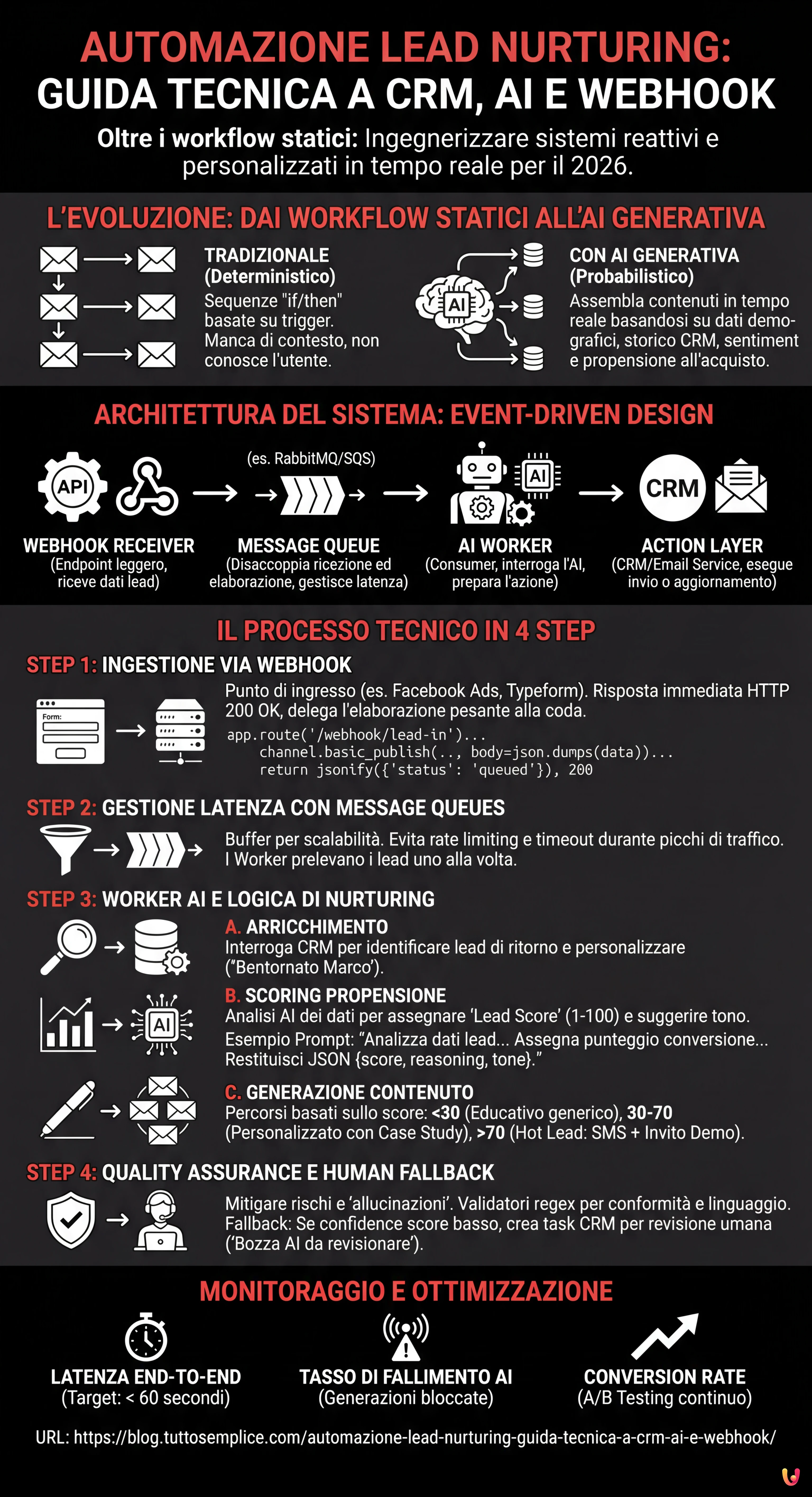 Automazione Lead Nurturing: Guida Tecnica a CRM, AI e Webhook - Infografica riassuntiva