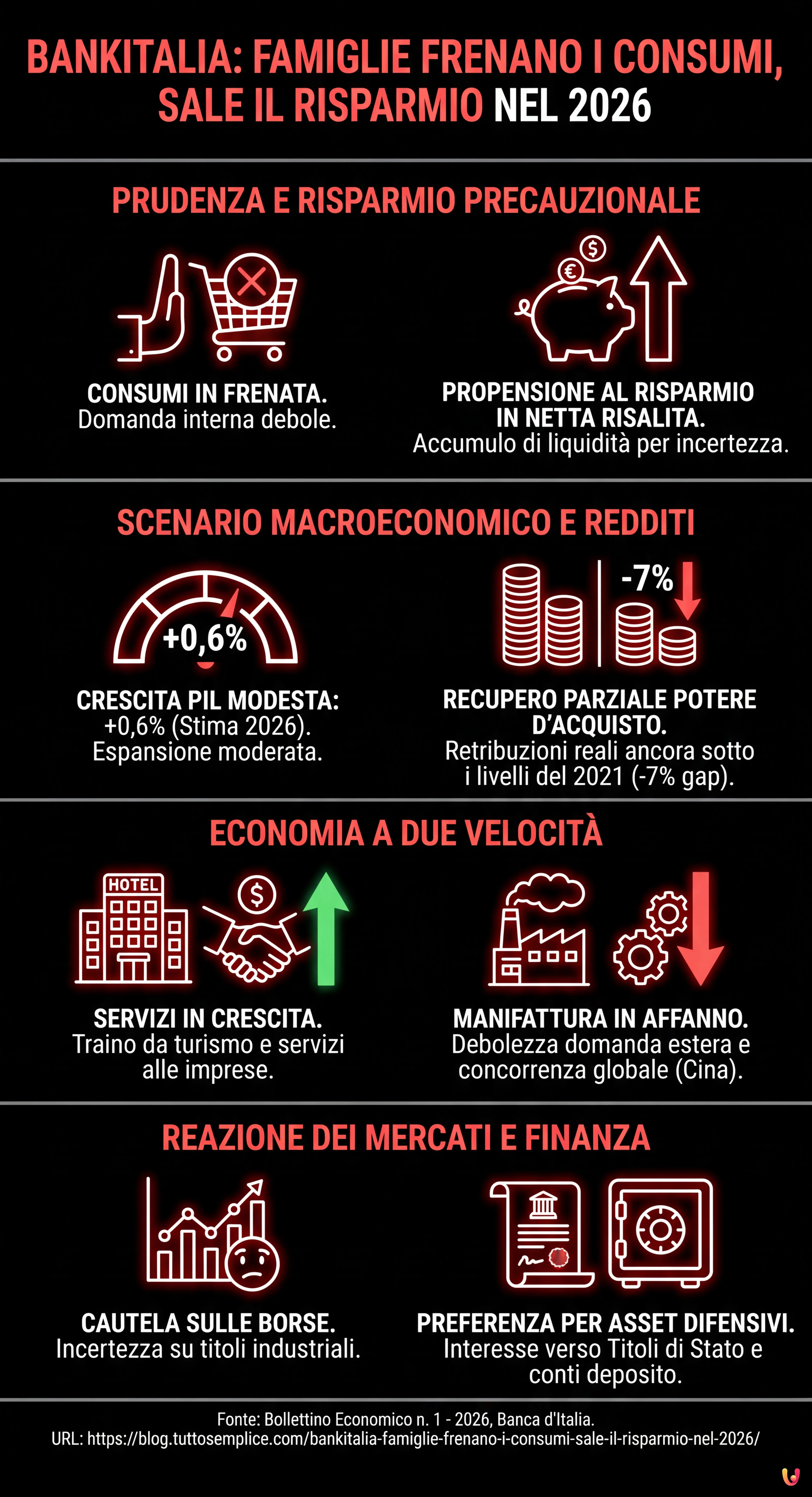 Bankitalia: famiglie frenano i consumi, sale il risparmio nel 2026 - Infografica riassuntiva