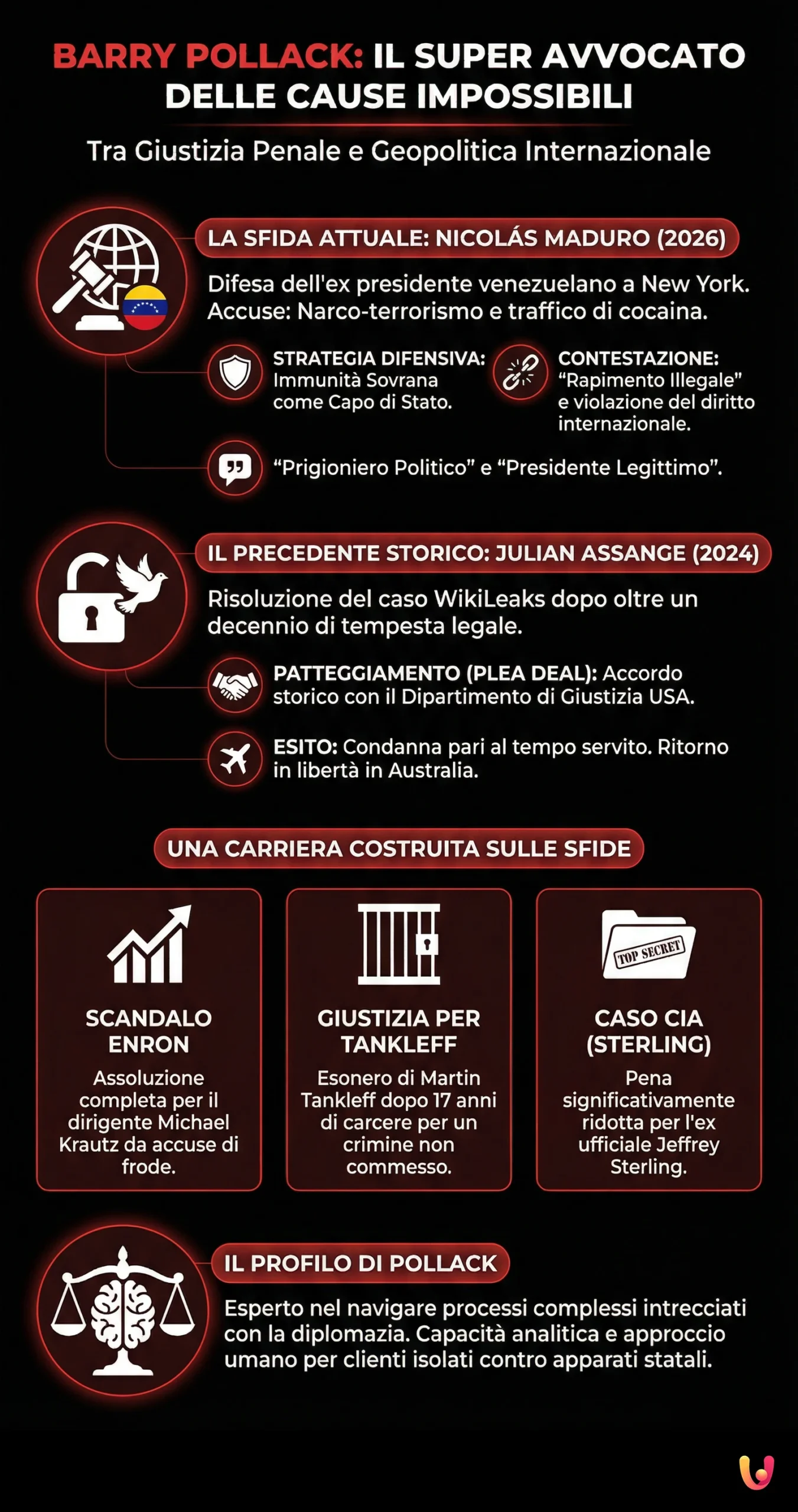 Barry Pollack: il super avvocato che difende Maduro dopo aver liberato Assange - Infografica riassuntiva