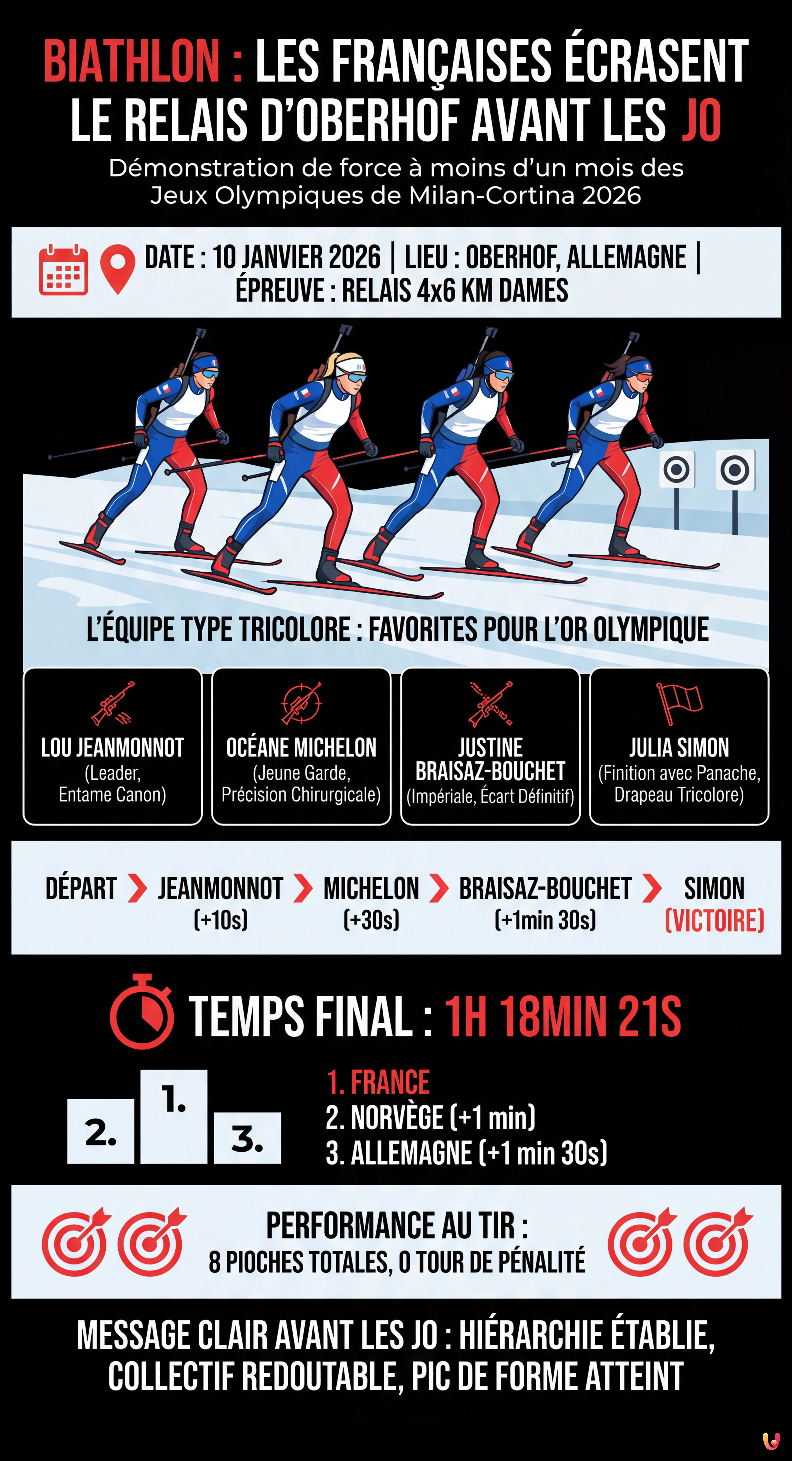Biathlon : Les Fran&ccedil;aises &eacute;crasent le relais d'Oberhof avant les JO - Infographie r&eacute;sumant