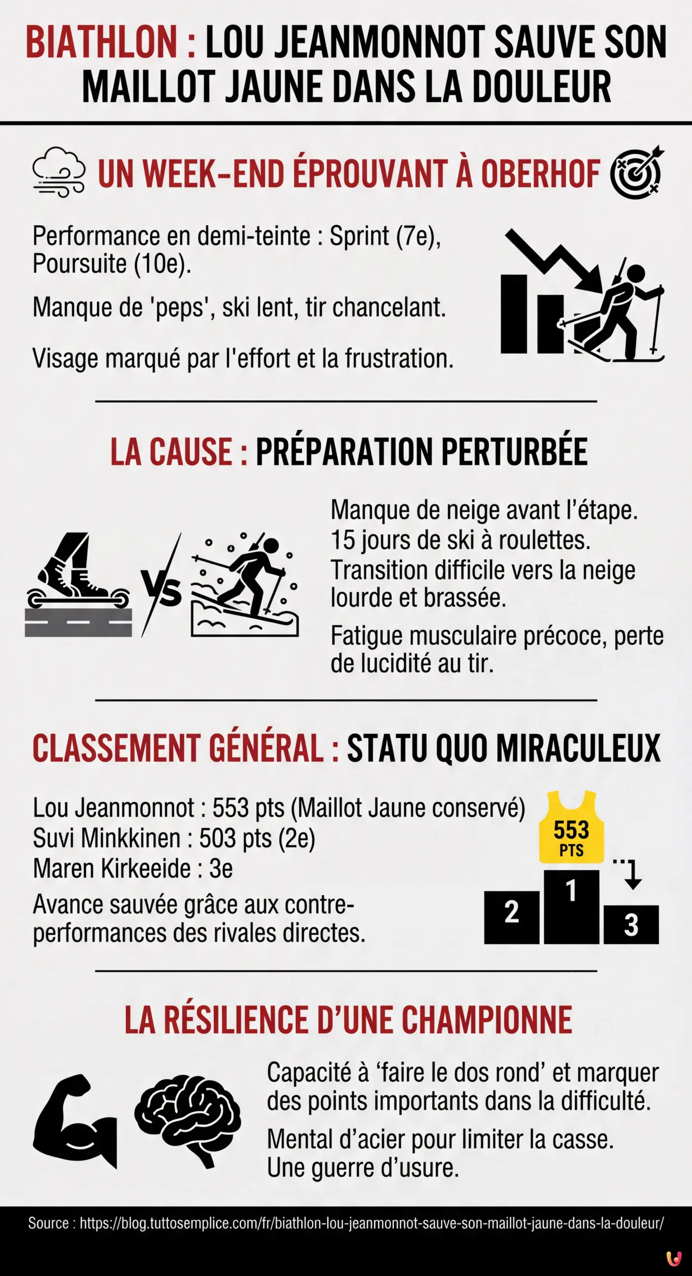 Biathlon : Lou Jeanmonnot sauve son maillot jaune dans la douleur - Infographie r&eacute;sumant