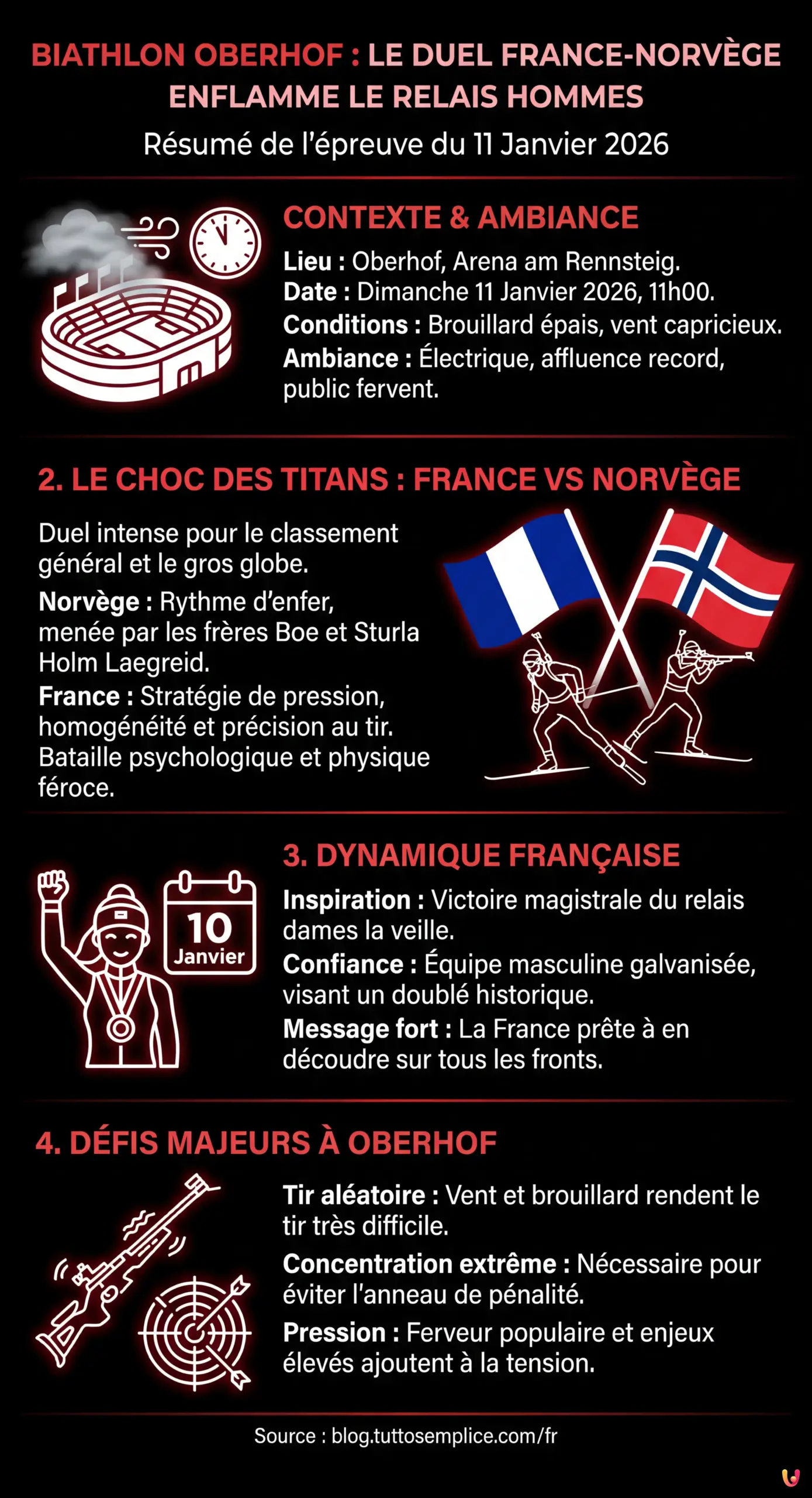 Biathlon Oberhof : Le duel France-Norv&egrave;ge enflamme le relais hommes - Infographie r&eacute;sumant