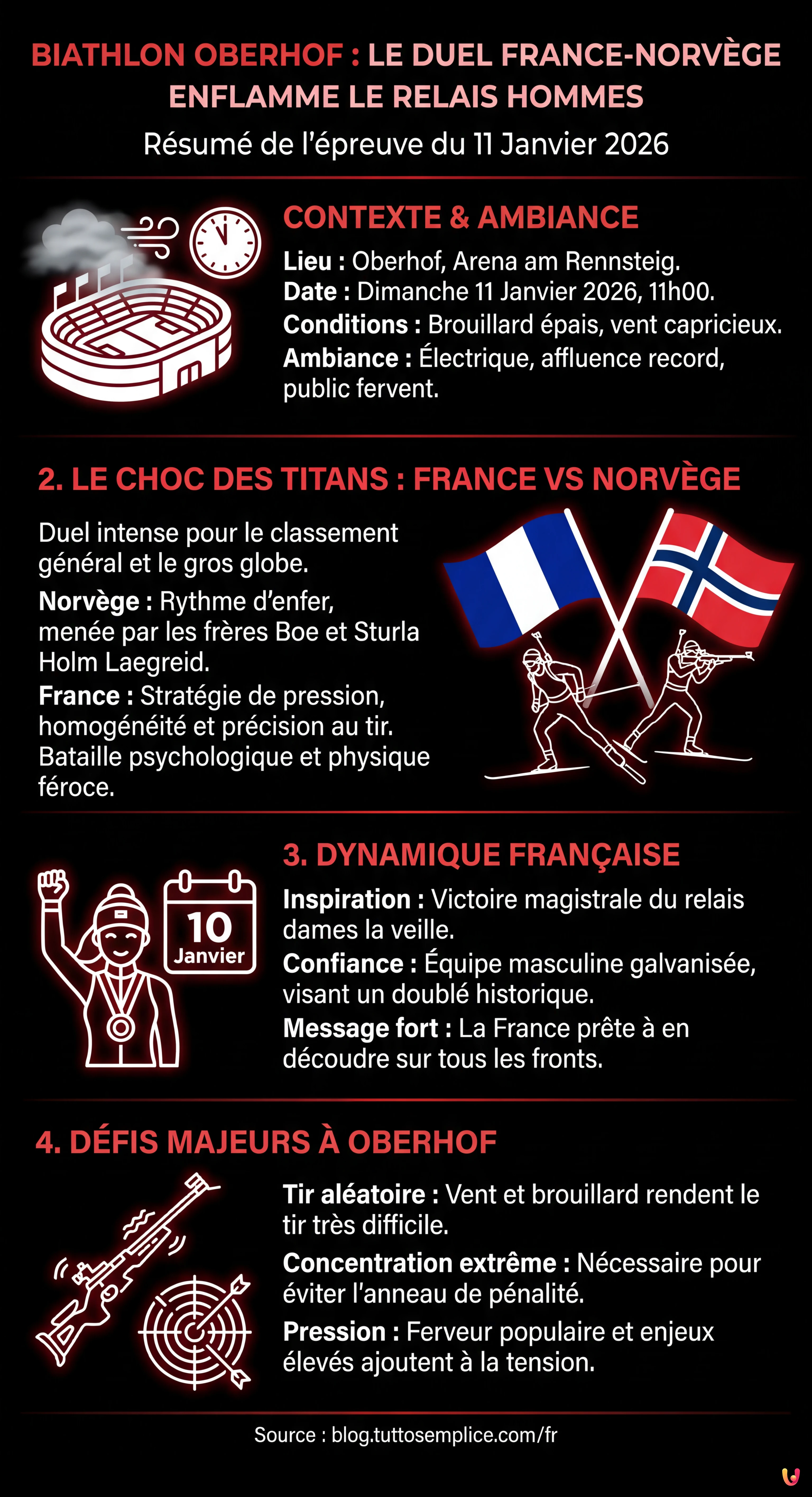 Biathlon Oberhof : Le duel France-Norv&egrave;ge enflamme le relais hommes - Infographie r&eacute;sumant