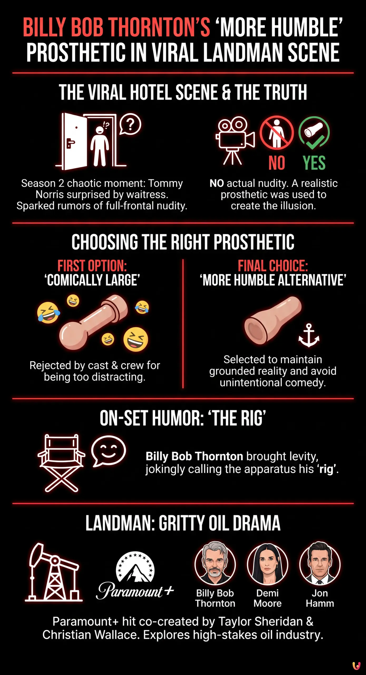 Billy Bob Thornton Chose a 'More Humble' Prosthetic for Viral Landman Scene - Summary Infographic