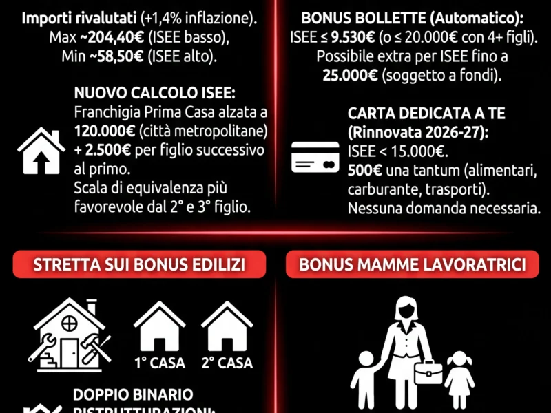 Infografica: Bonus Famiglie 2026: Guida Completa agli Aiuti Confermati e Tagliati