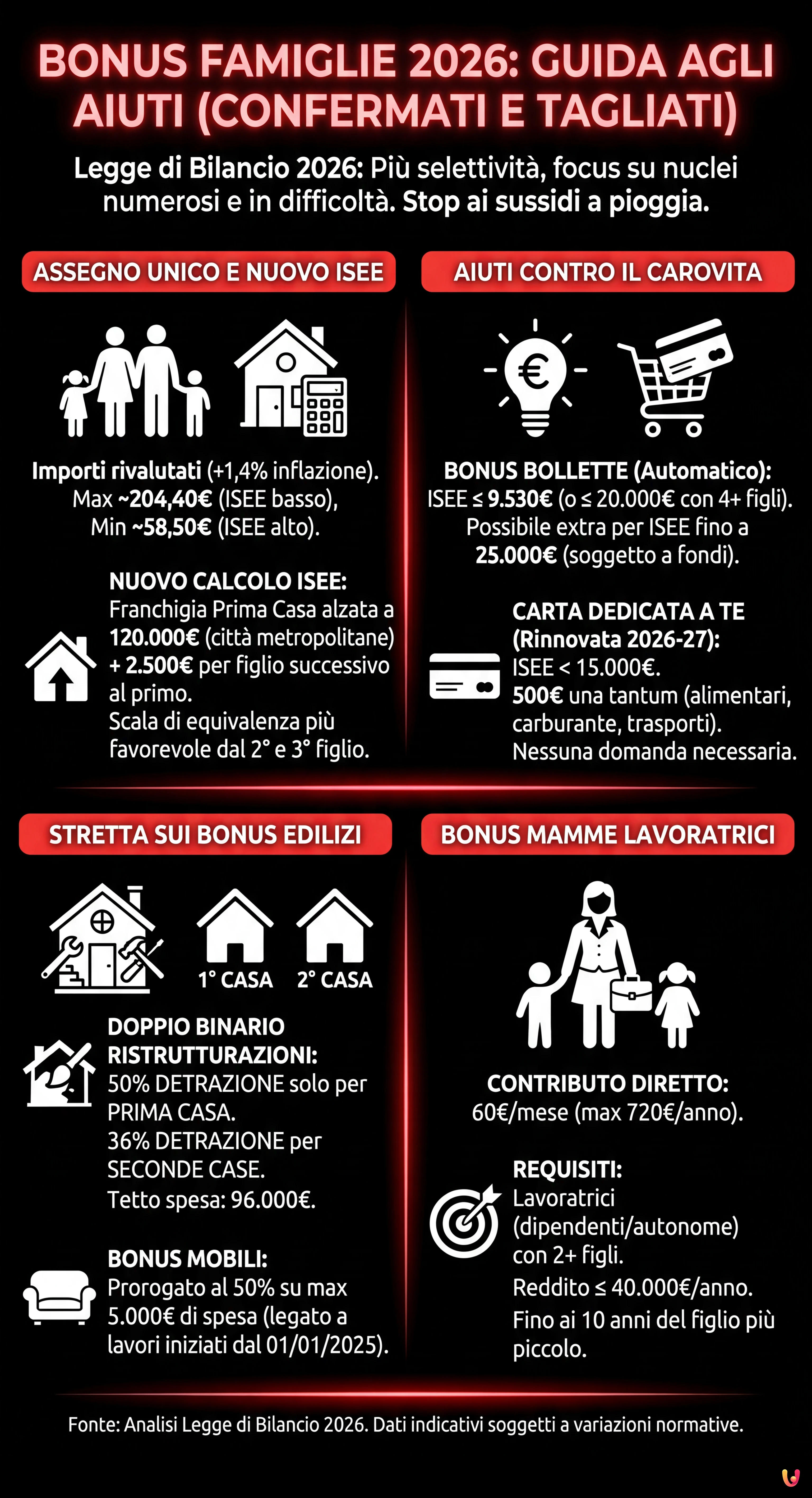 Bonus Famiglie 2026: Guida Completa agli Aiuti Confermati e Tagliati - Infografica riassuntiva
