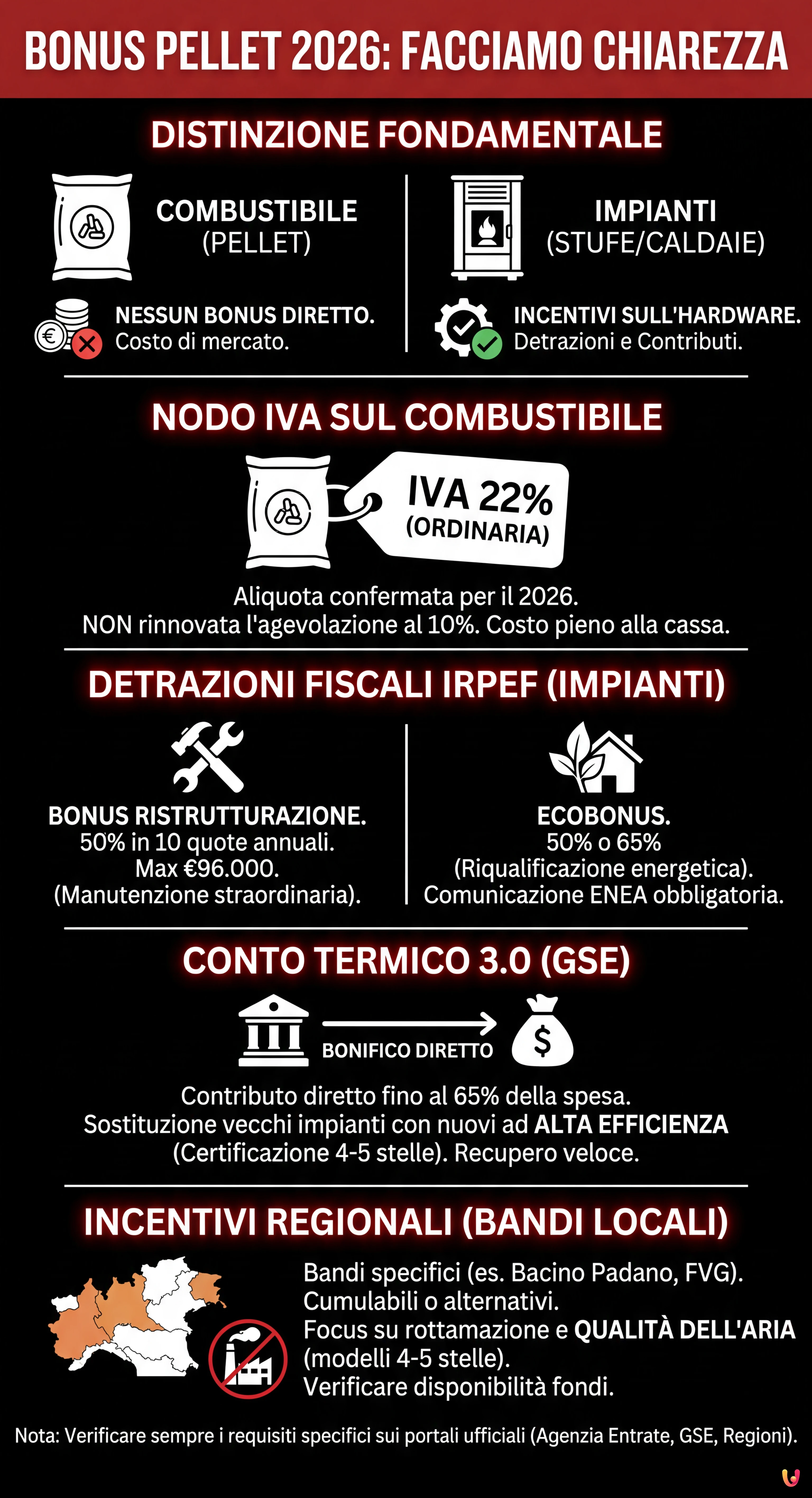 Bonus pellet 2026: incentivi stufe, detrazioni e nodo IVA - Infografica riassuntiva