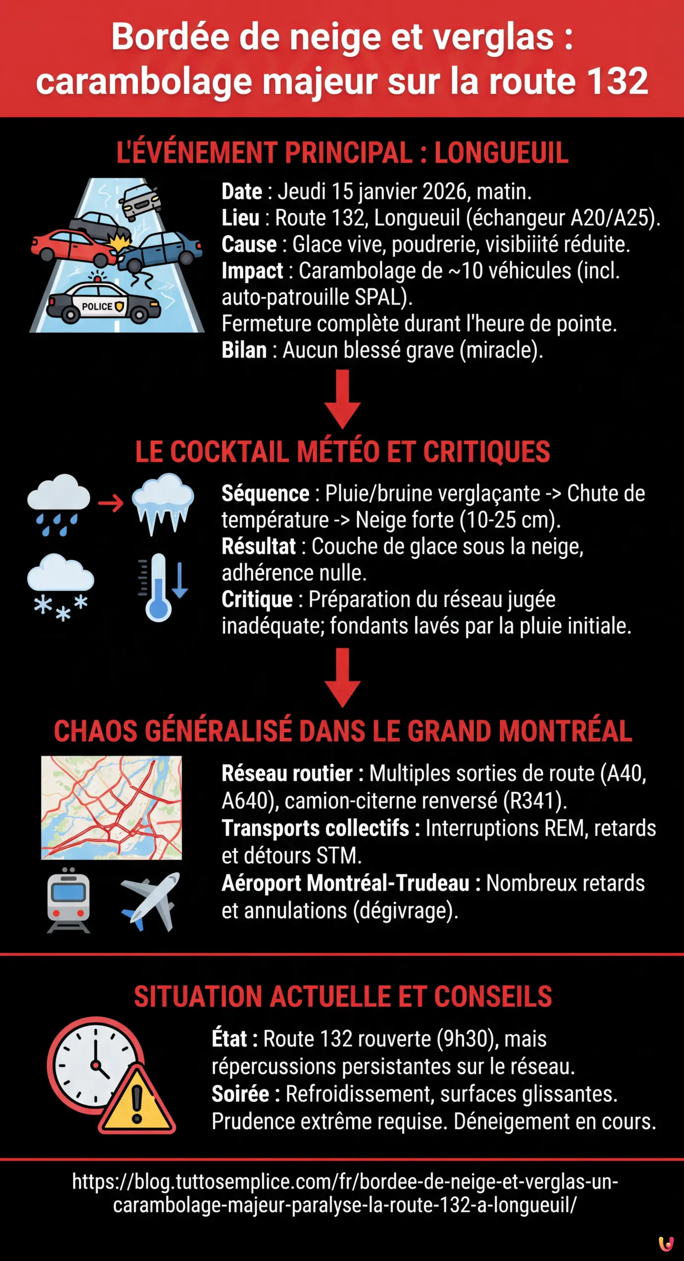 Bord&eacute;e de neige et verglas : un carambolage majeur paralyse la route 132 &agrave; Longueuil - Infographie r&eacute;sumant