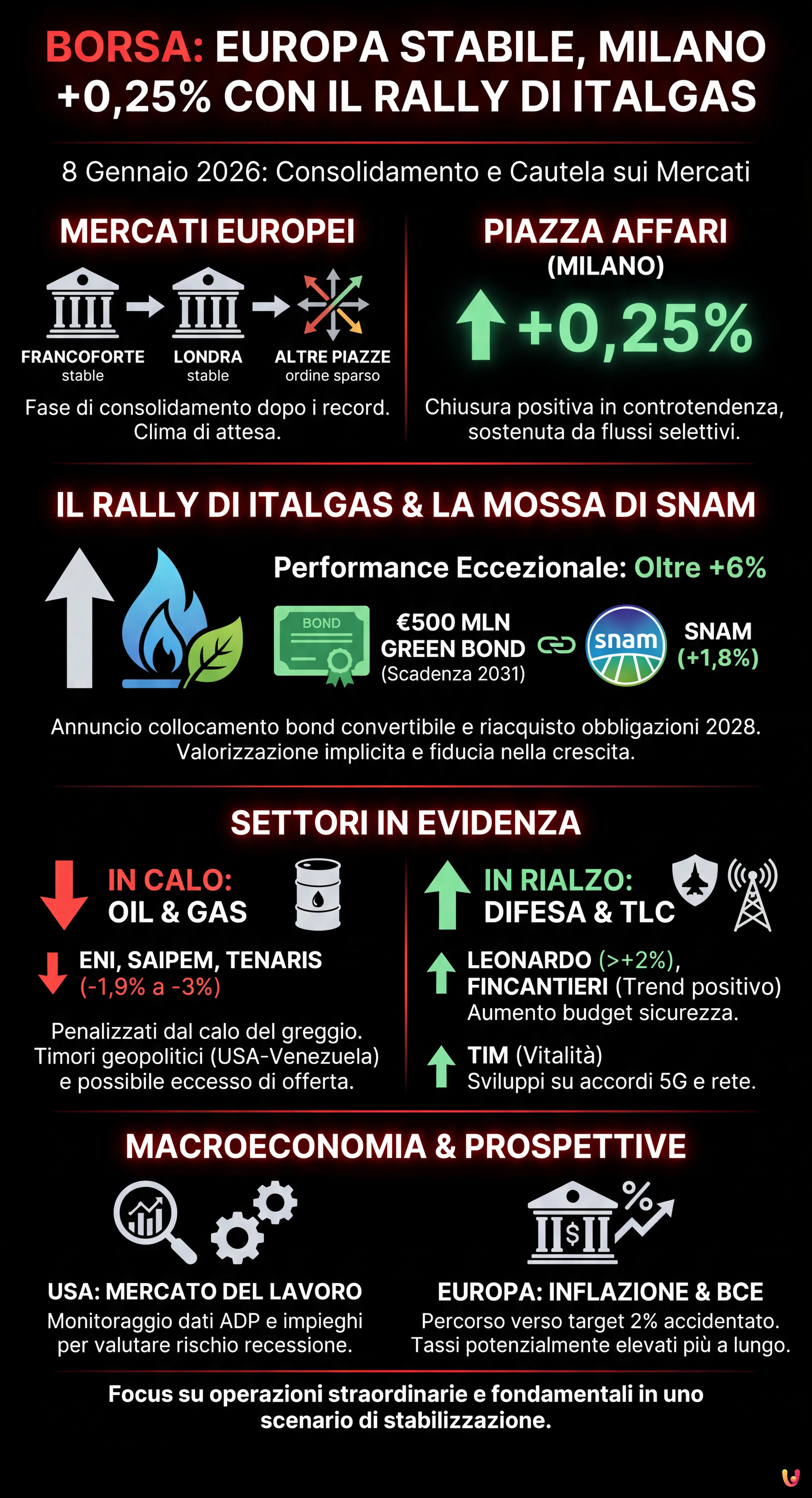 Borsa: Europa stabile, Milano +0,25% con il rally di Italgas - Infografica riassuntiva