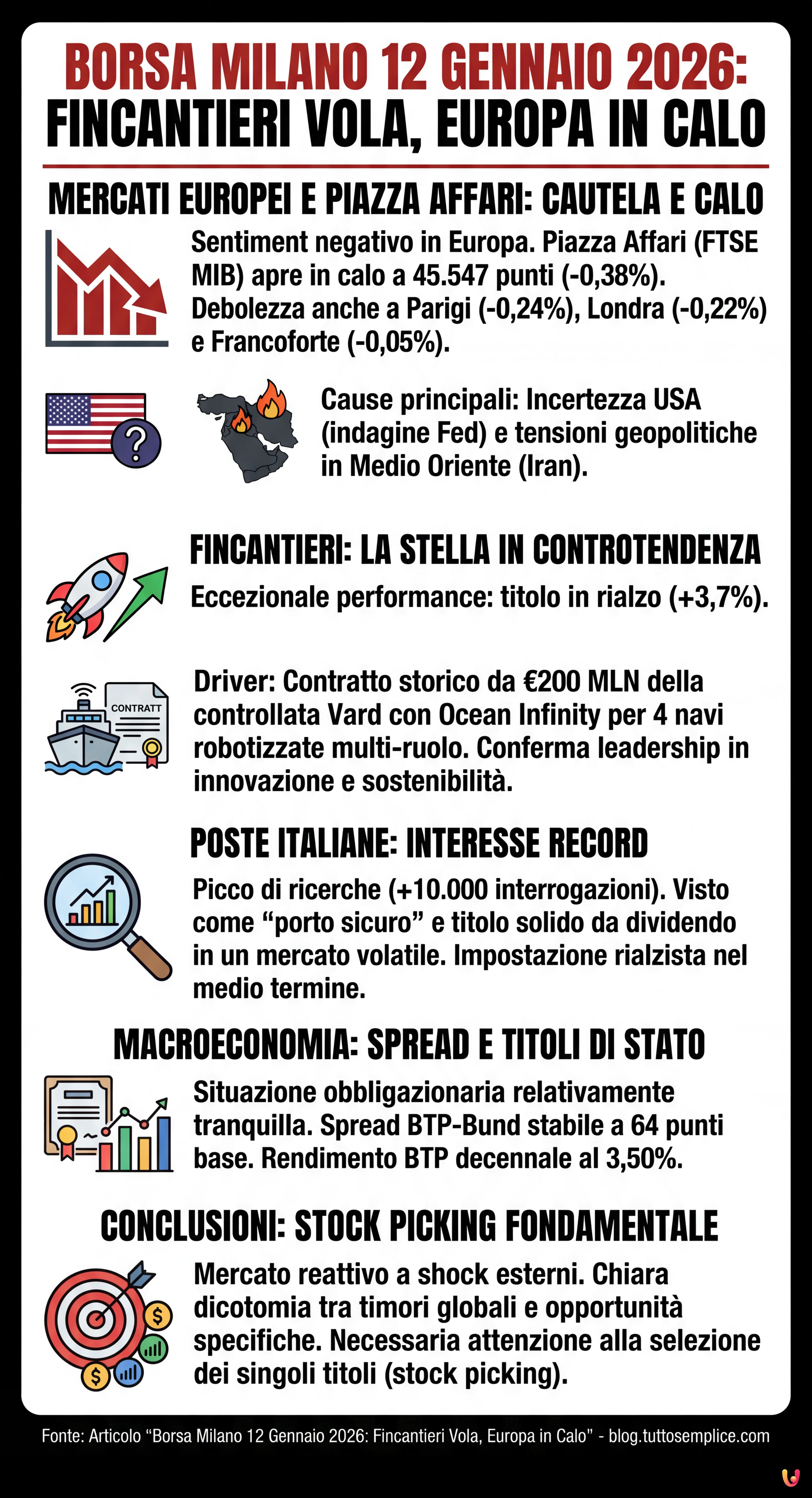Borsa Milano 12 Gennaio 2026: Fincantieri Vola, Europa in Calo - Infografica riassuntiva