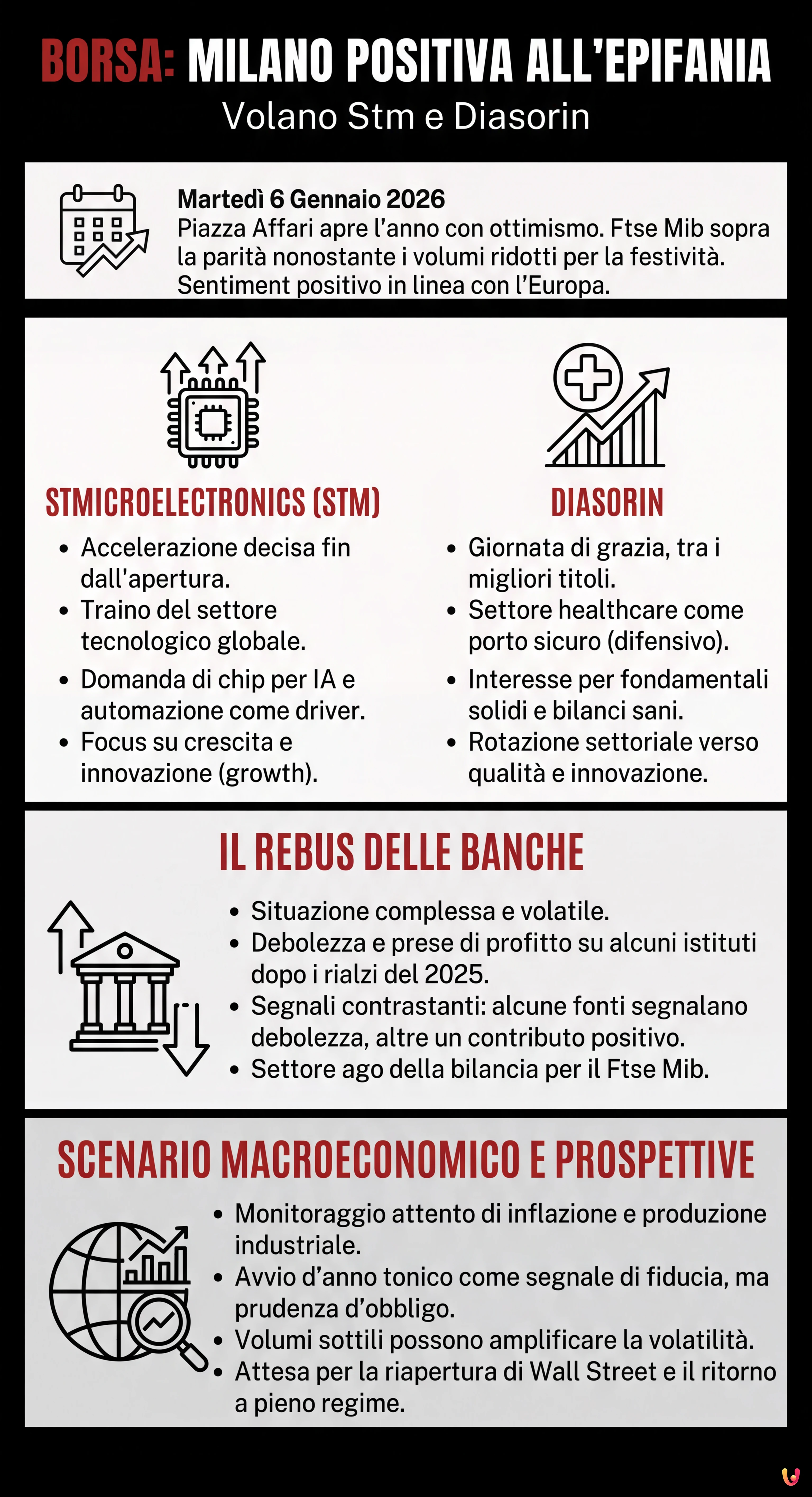 Borsa: Milano positiva all'Epifania, volano Stm e Diasorin - Infografica riassuntiva