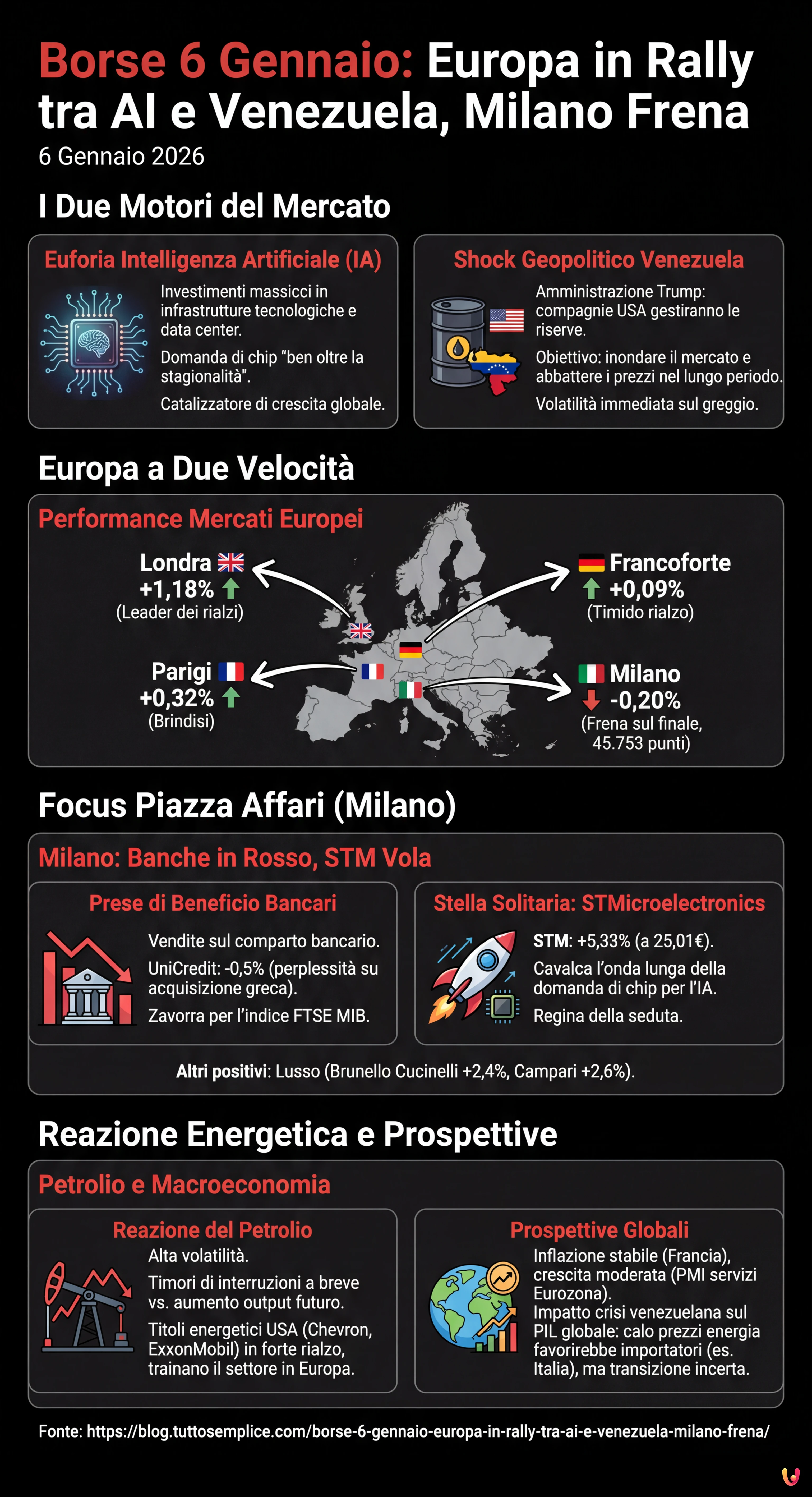 Borse 6 Gennaio: Europa in Rally tra AI e Venezuela, Milano Frena - Infografica riassuntiva