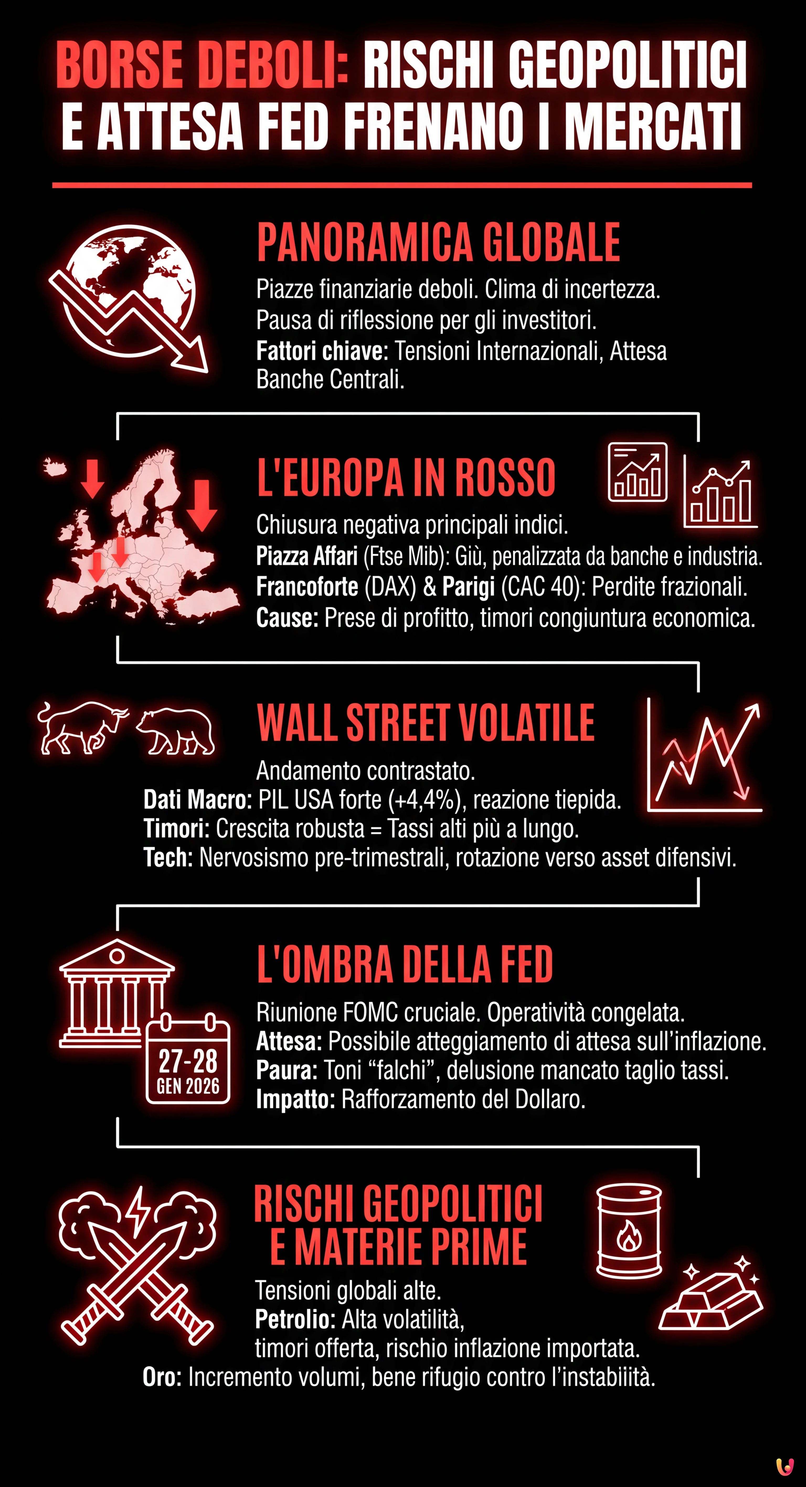 Borse deboli: rischi geopolitici e attesa Fed frenano i mercati - Infografica riassuntiva