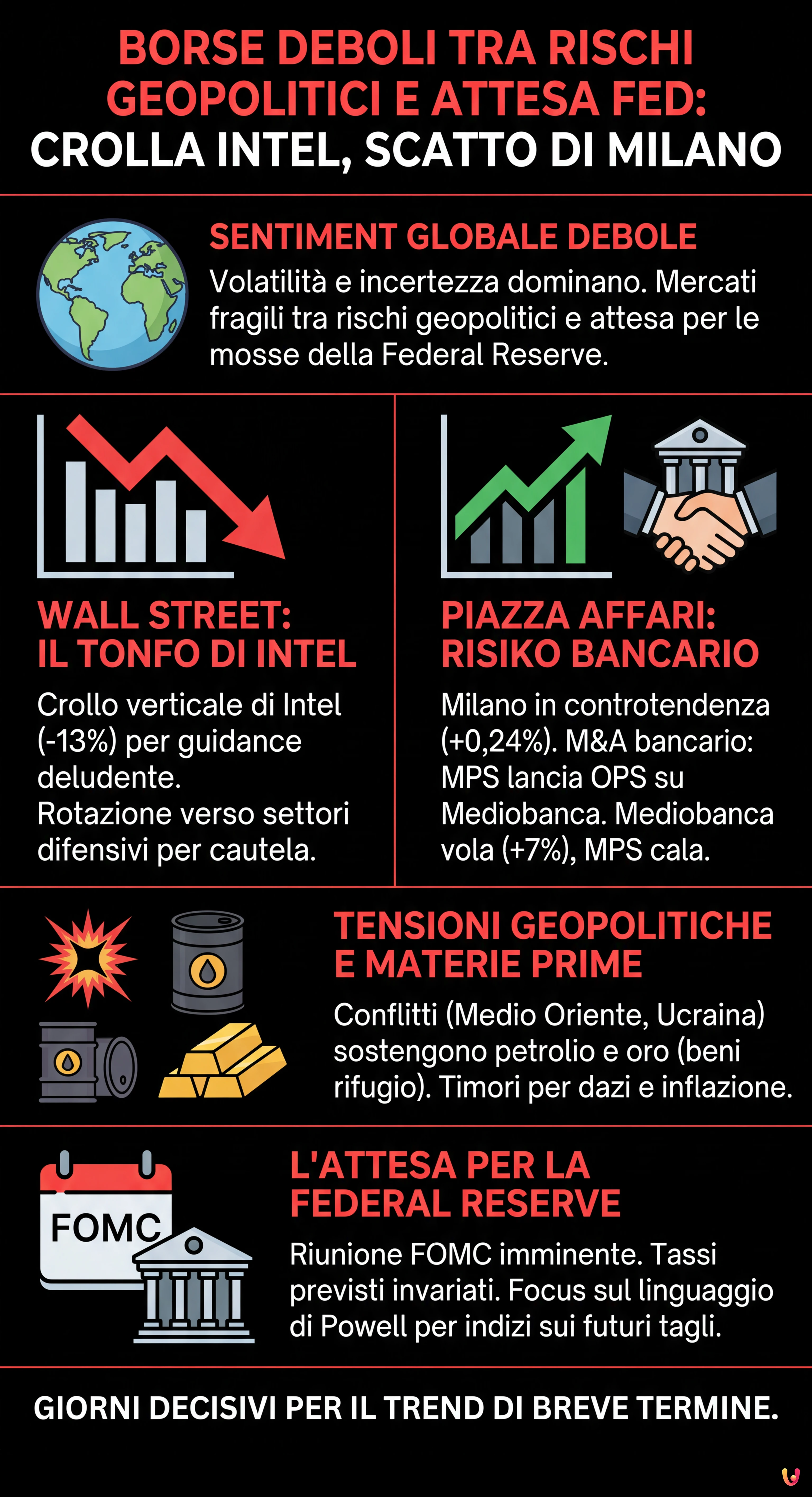 Borse deboli tra rischi geopolitici e attesa Fed: crolla Intel, scatto di Milano - Infografica riassuntiva