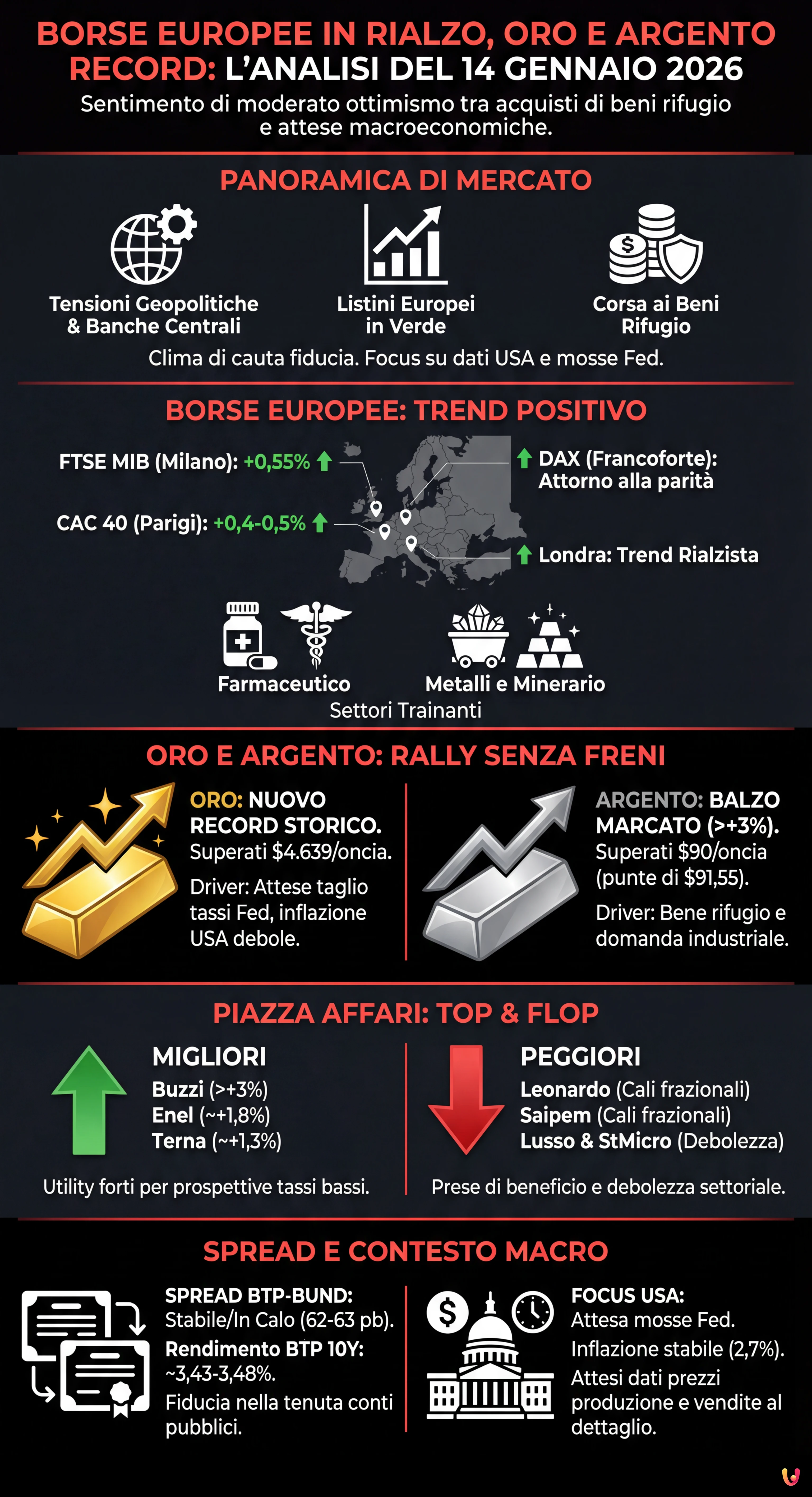 Borse europee in rialzo, oro e argento stracciano ogni record: l'analisi del 14 gennaio - Infografica riassuntiva