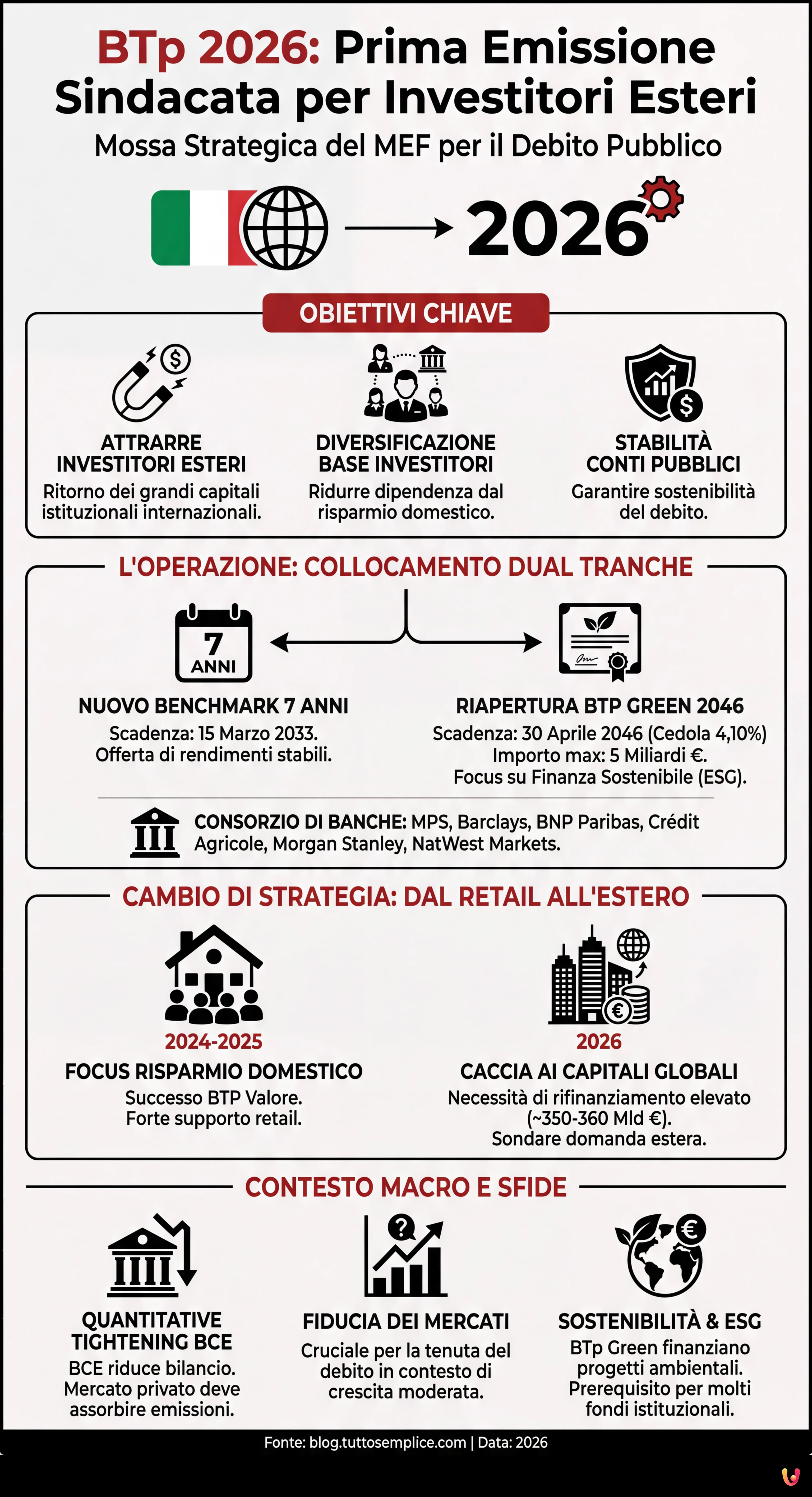 BTp 2026: al via la prima emissione sindacata per investitori esteri - Infografica riassuntiva