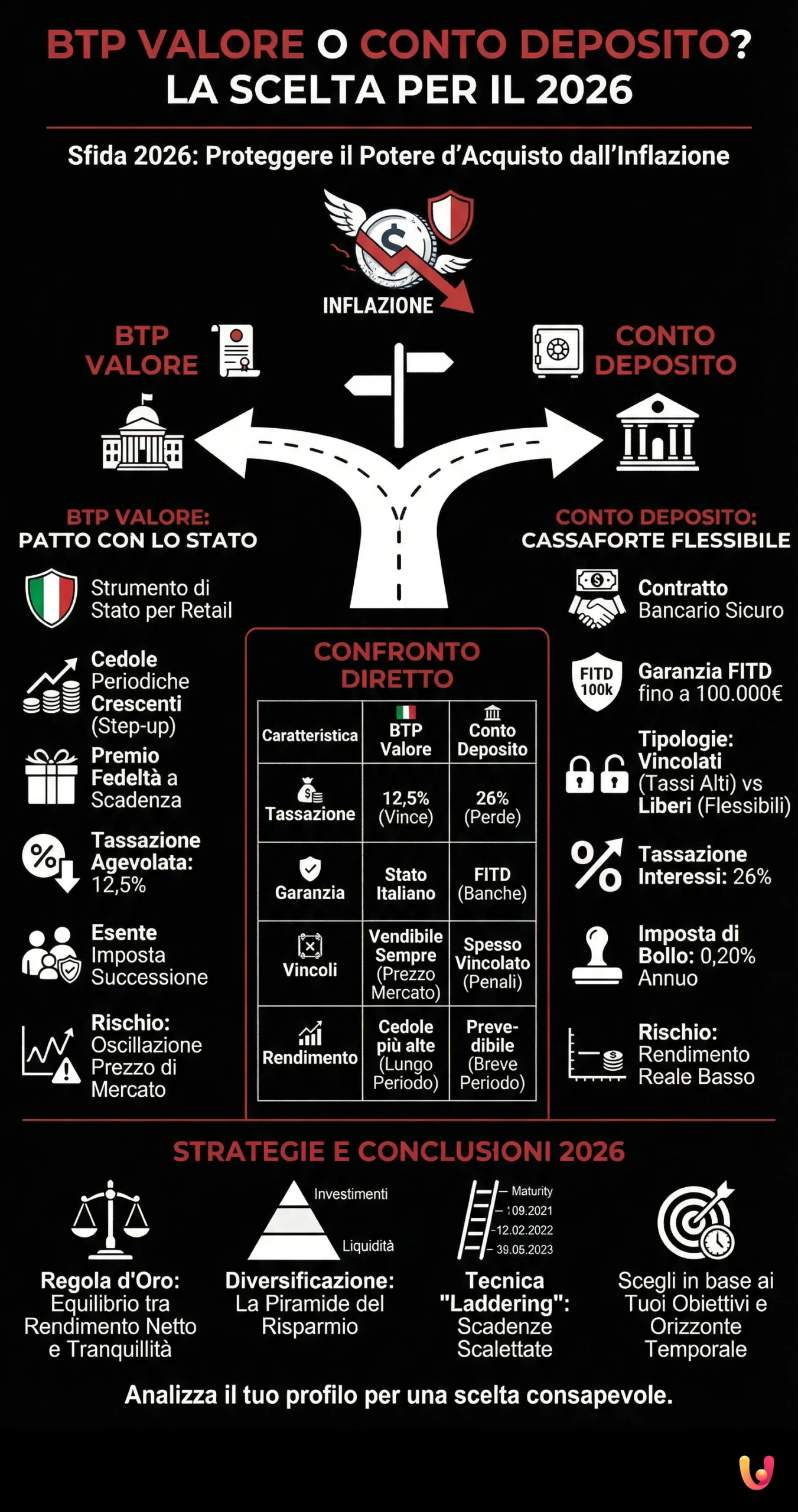 BTP Valore o Conto Deposito? La Scelta per il 2026 - Infografica riassuntiva
