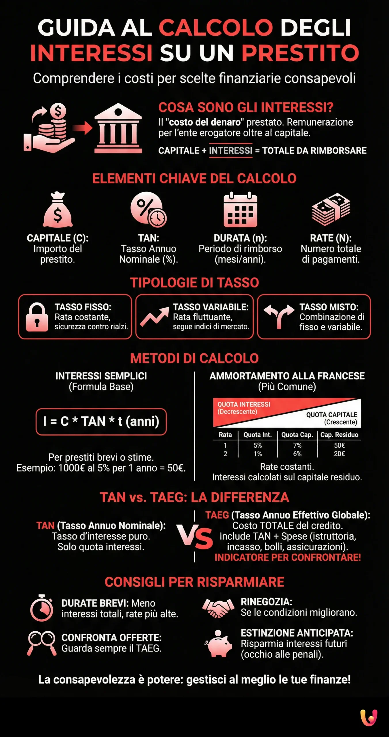 Come Calcolare gli Interessi su un Prestito: Guida Completa e Semplice - Infografica riassuntiva