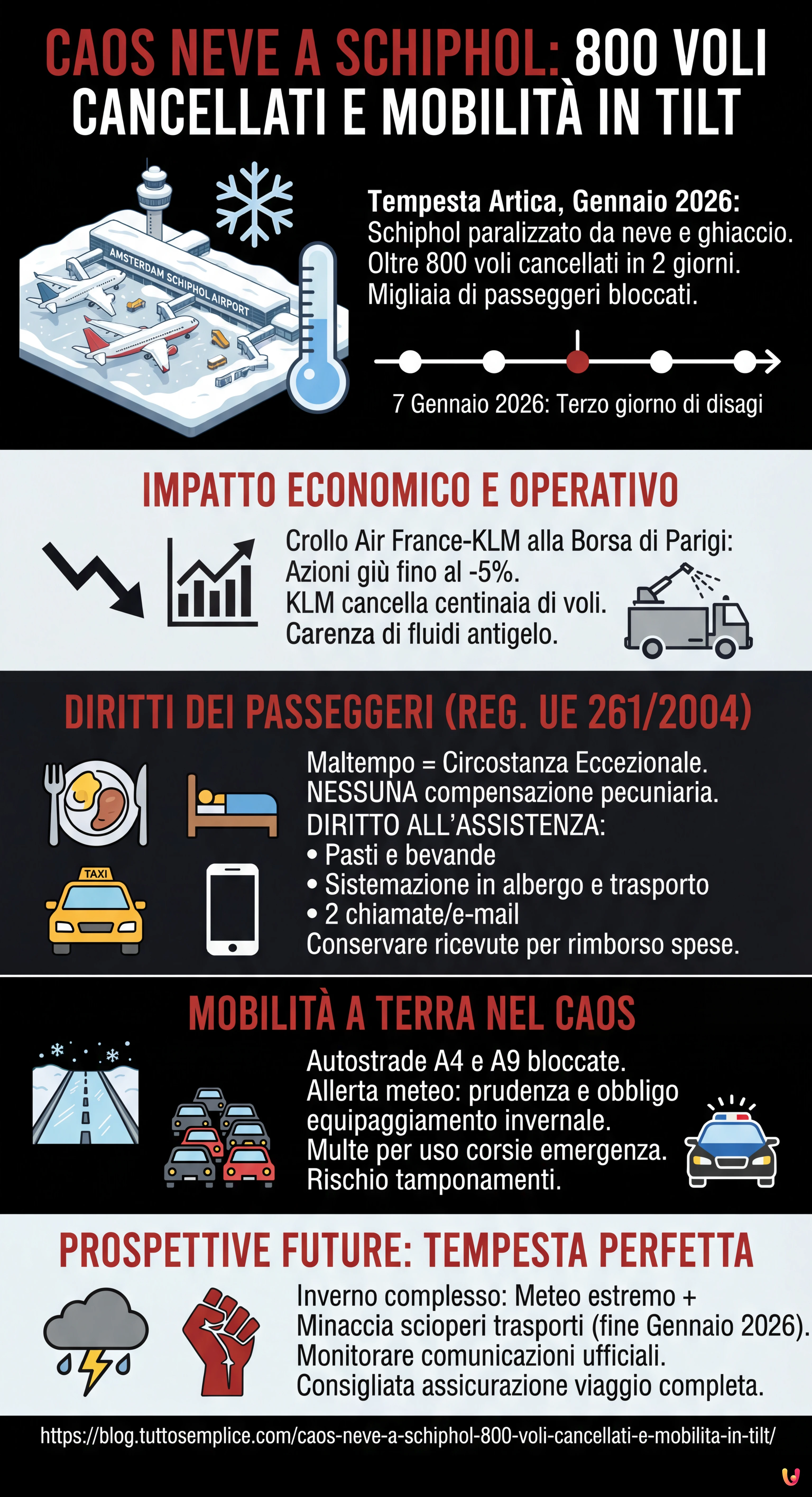 Caos Neve a Schiphol: 800 Voli Cancellati e Mobilit&agrave; in Tilt - Infografica riassuntiva