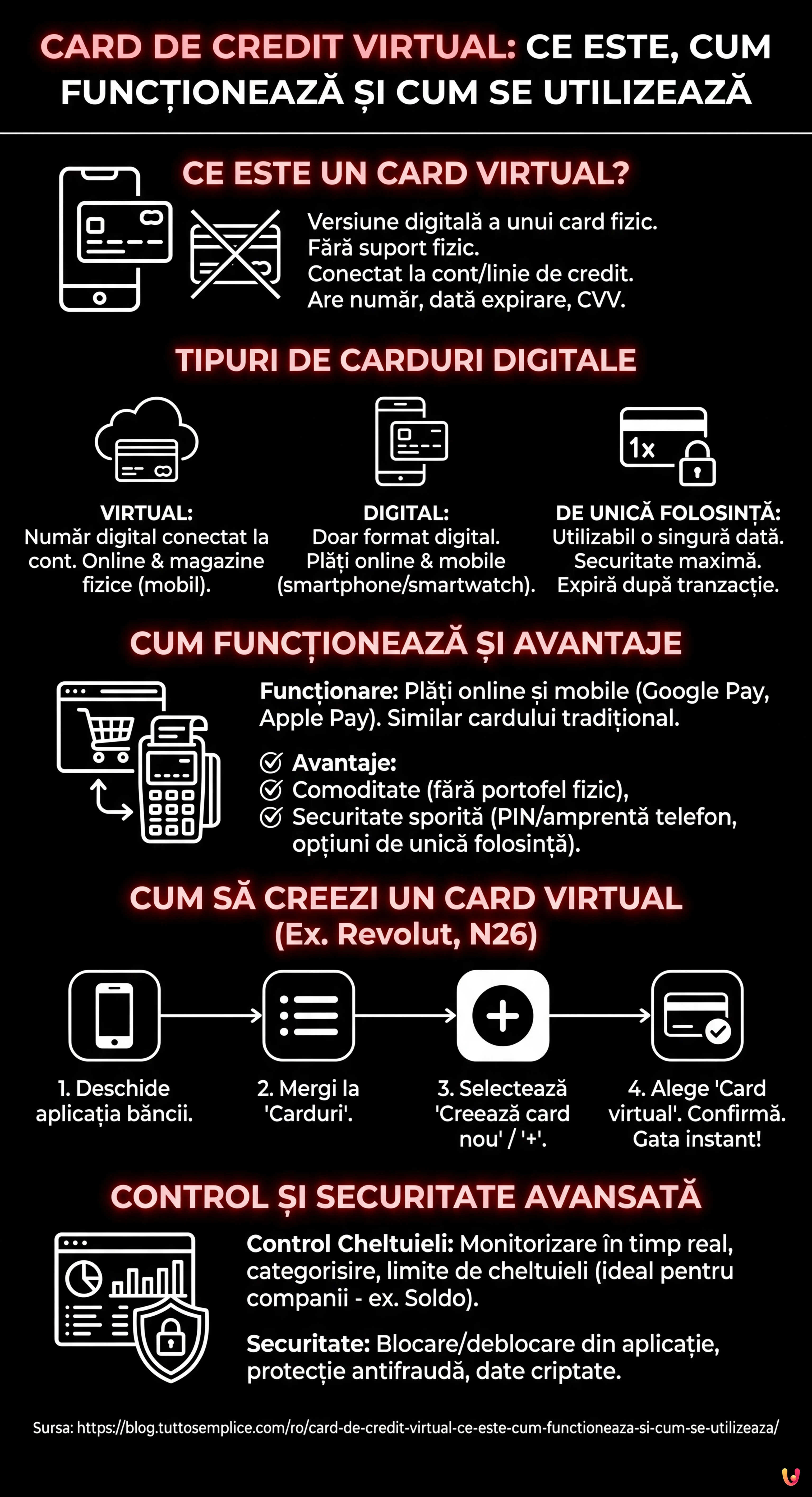 Card de credit virtual: ce este, cum funcționează și cum se utilizează - Infografica riassuntiva