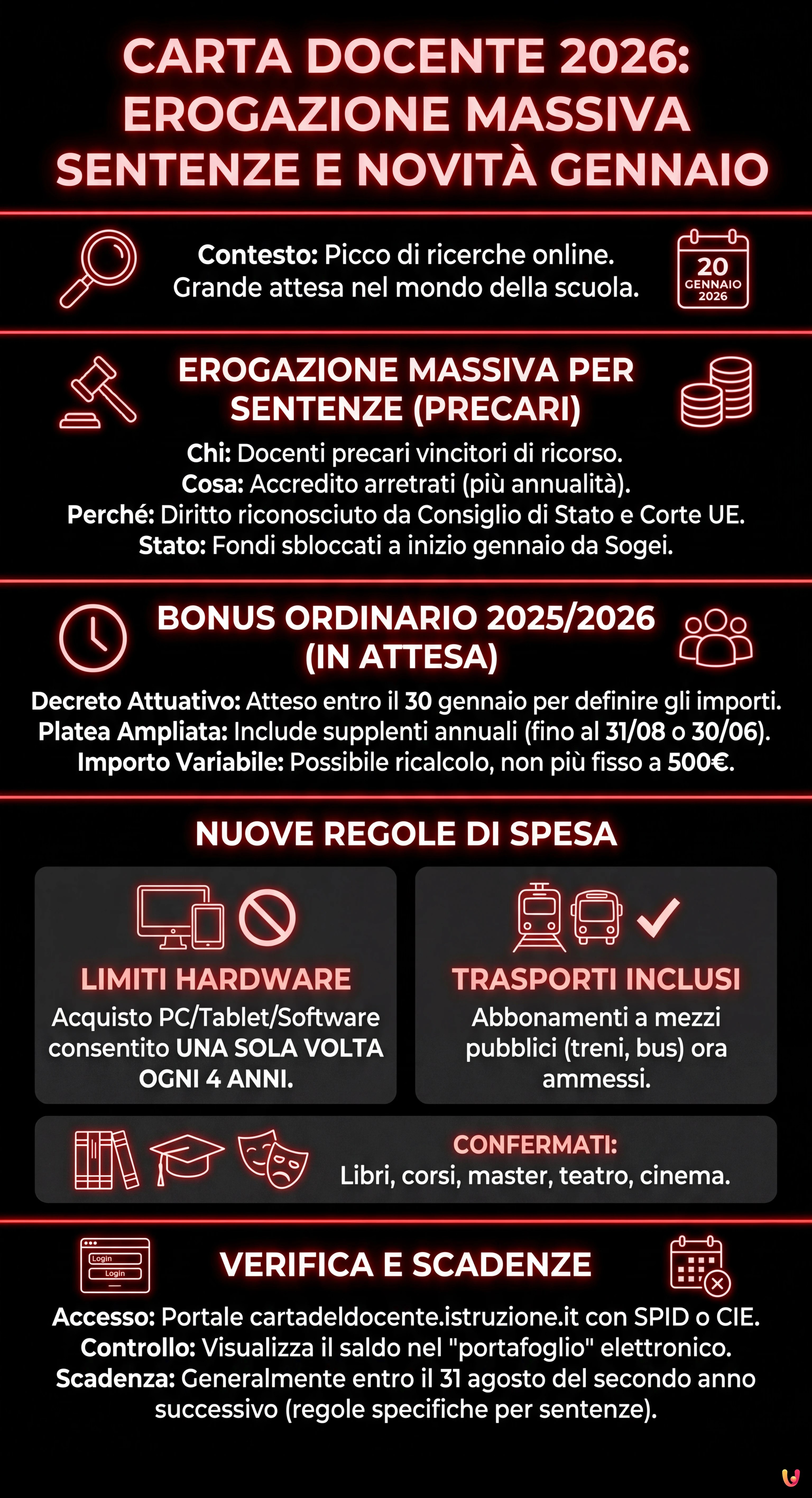 Carta Docente 2026: Erogazione Massiva Sentenze e Novit&agrave; Gennaio - Infografica riassuntiva