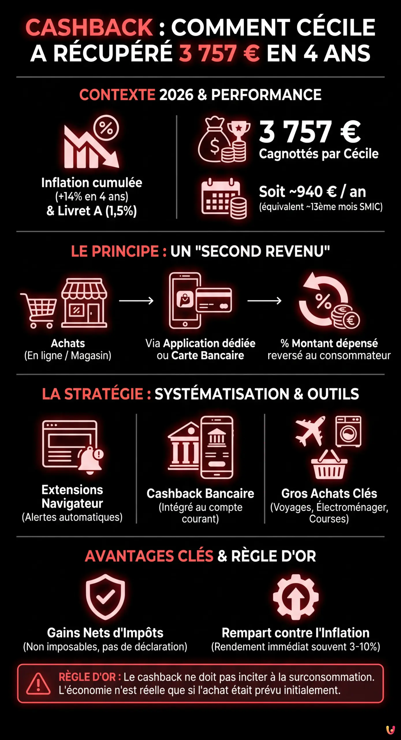 Cashback : comment C&eacute;cile a r&eacute;cup&eacute;r&eacute; 3 757 euros en quatre ans - Infographie r&eacute;sumant