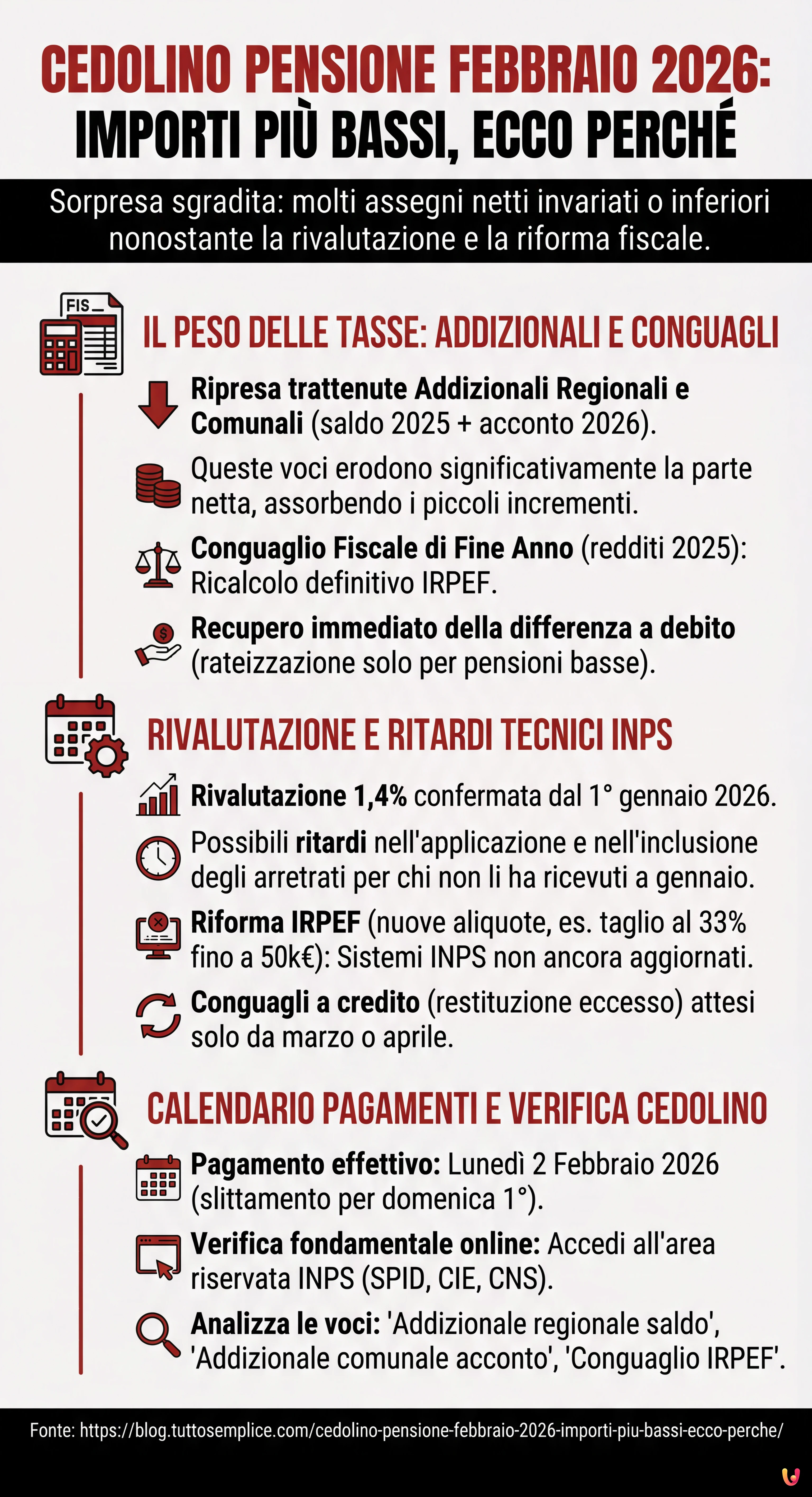 Cedolino pensione febbraio 2026: importi pi&ugrave; bassi, ecco perch&eacute; - Infografica riassuntiva