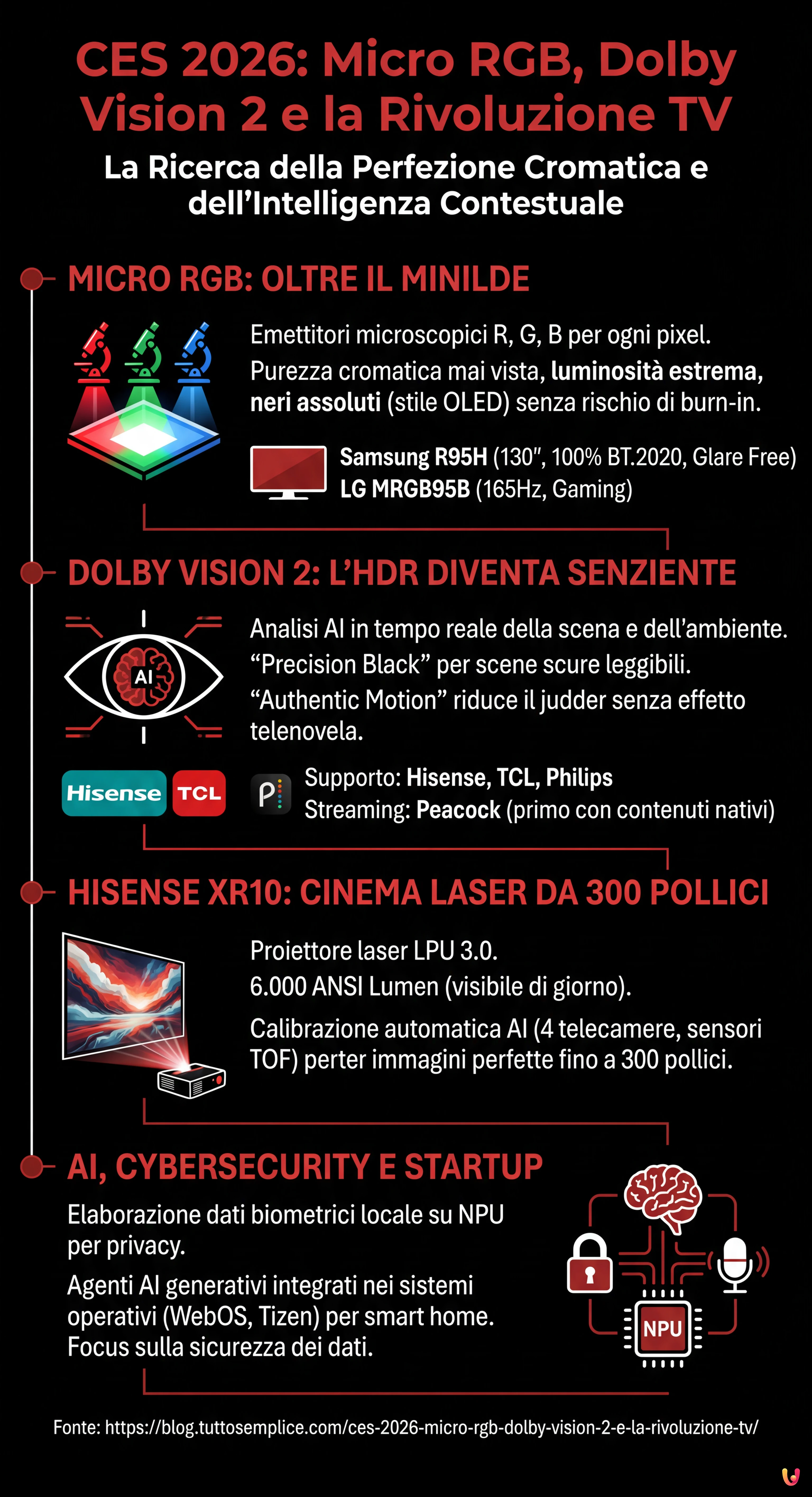 CES 2026: Micro RGB, Dolby Vision 2 e la rivoluzione TV - Infografica riassuntiva