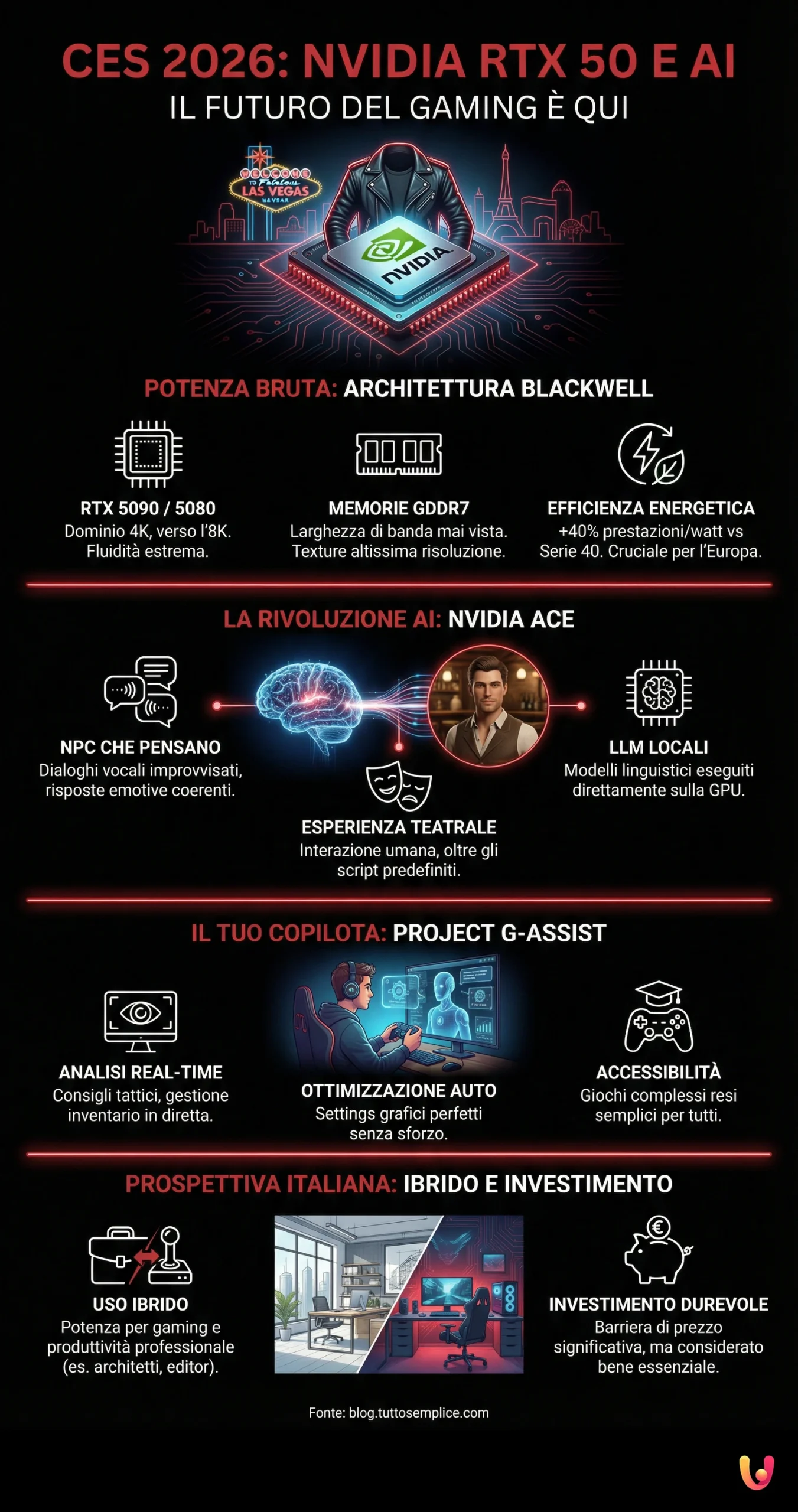 CES 2026: Nvidia RTX 50 e AI, il Futuro del Gaming &egrave; Qui - Infografica riassuntiva