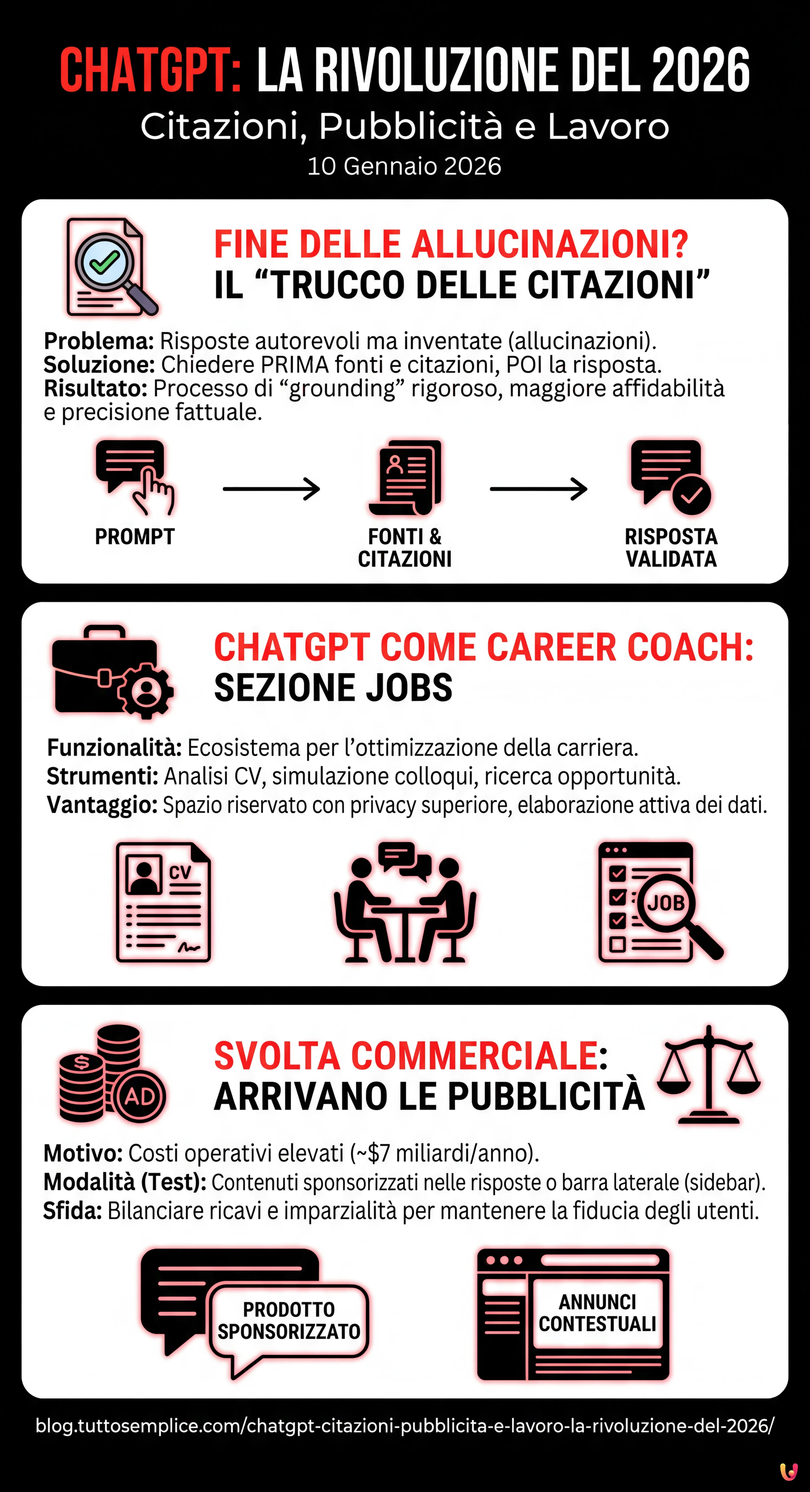 ChatGPT: citazioni, pubblicit&agrave; e lavoro. La rivoluzione del 2026 - Infografica riassuntiva