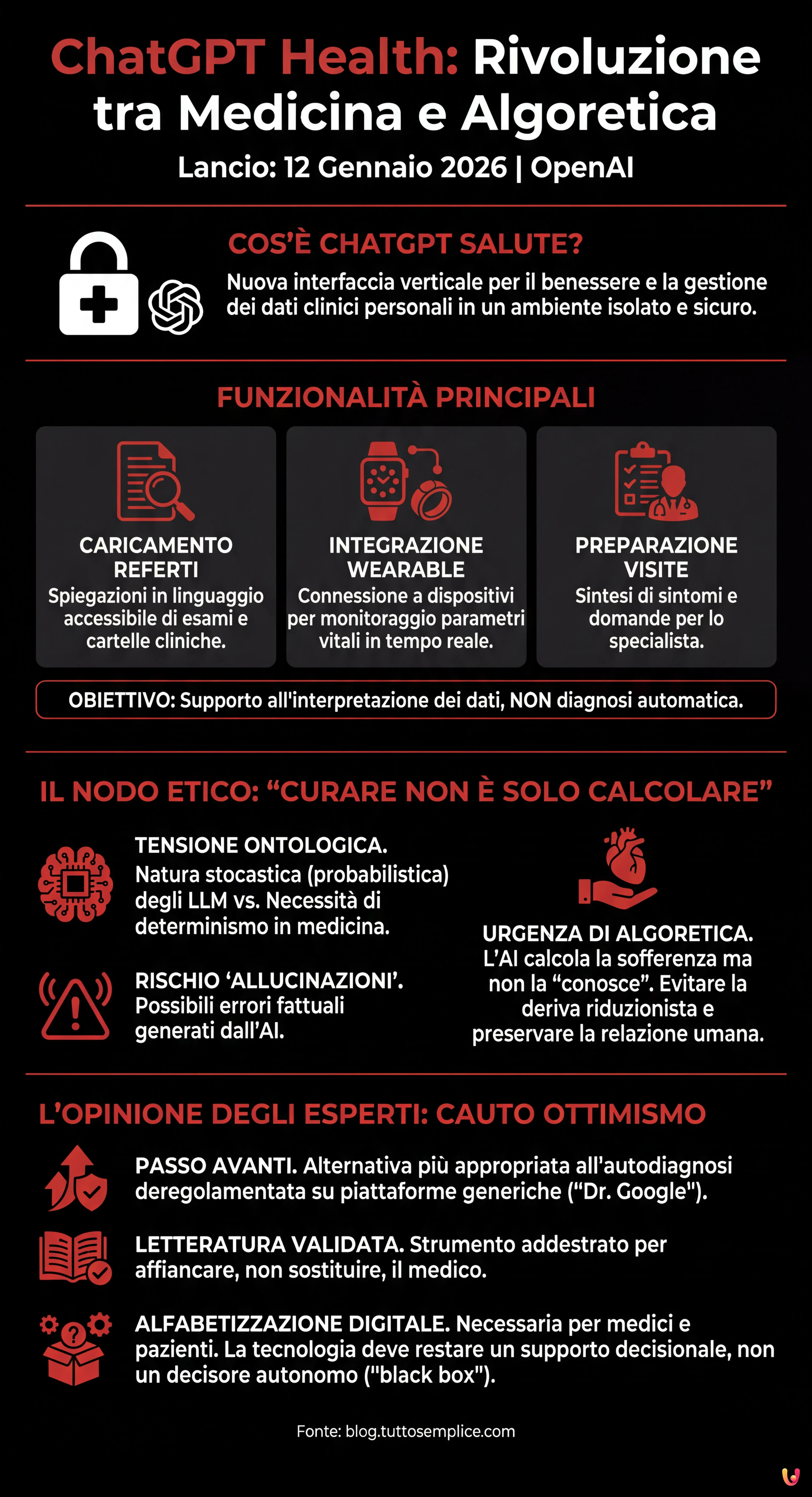 ChatGPT Health: la rivoluzione di OpenAI tra medicina e algoretica - Infografica riassuntiva